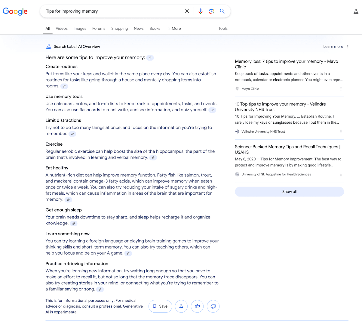 Google AI Overviews for query "Tips for improving memory"