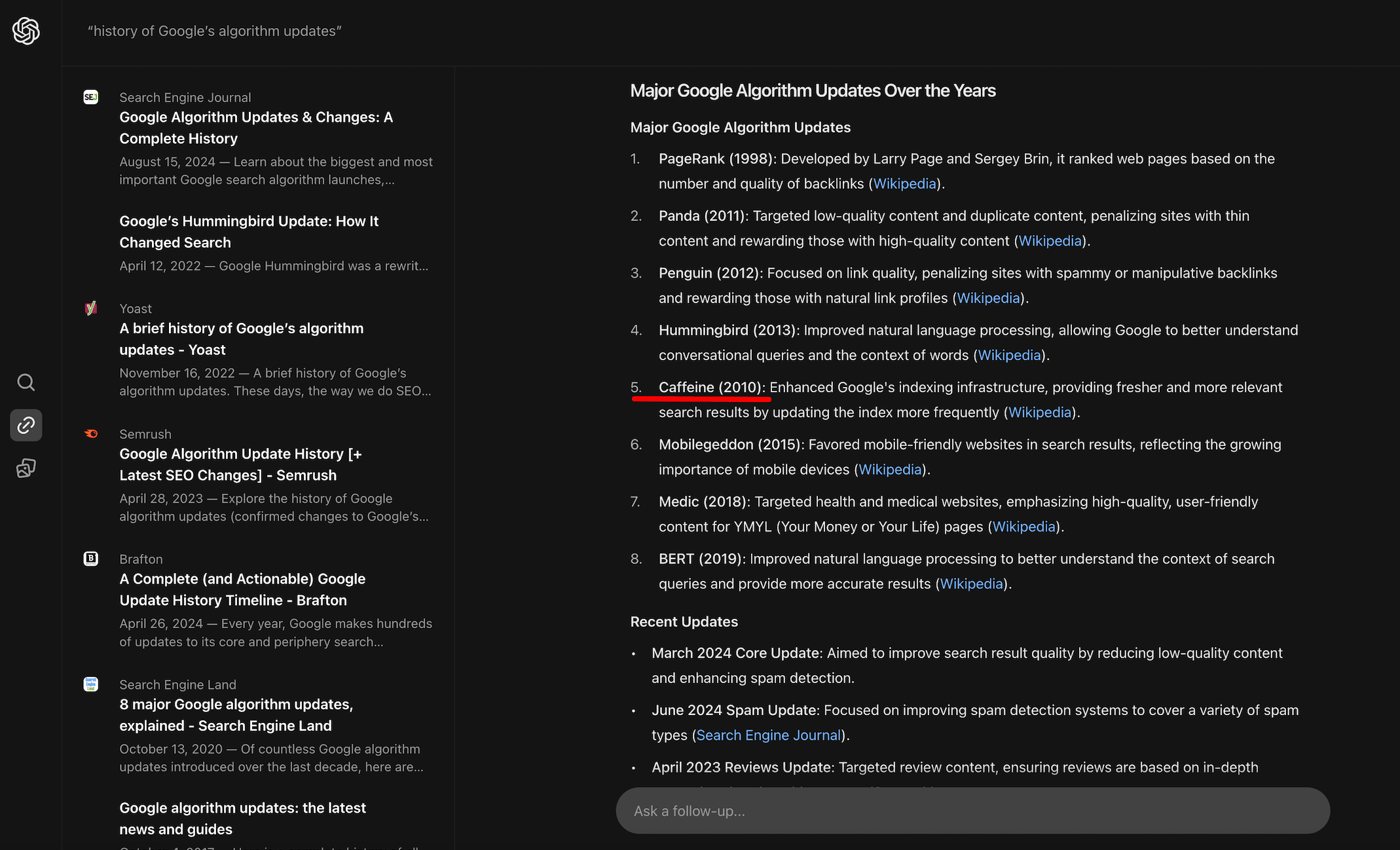 history of Google’s algorithm updates query in SearchGPT