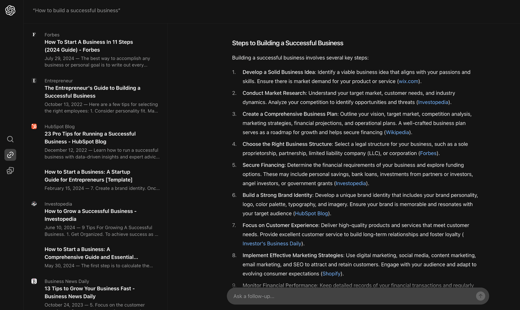 Query “How to build a successful business” in SearchGPT
