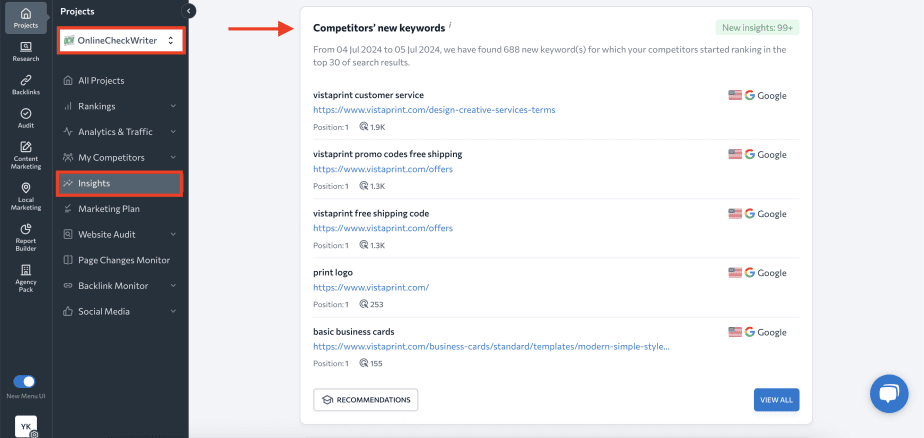 Competitors' new keywords in the SE Ranking's Insights tool SE Ranking Insights tool
