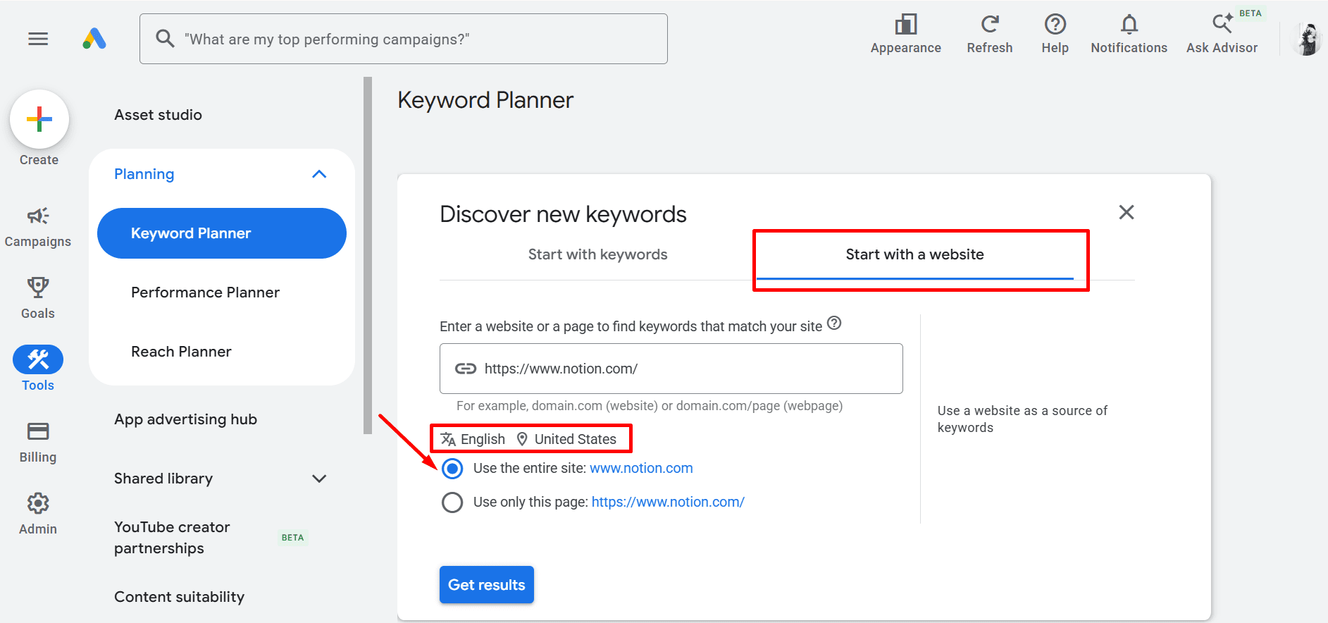 Google Keyword Planner settings Google Keyword Planner for the competitor analysis