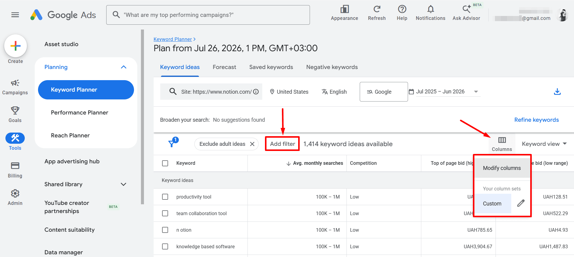 Google Keyword Planner results filtering