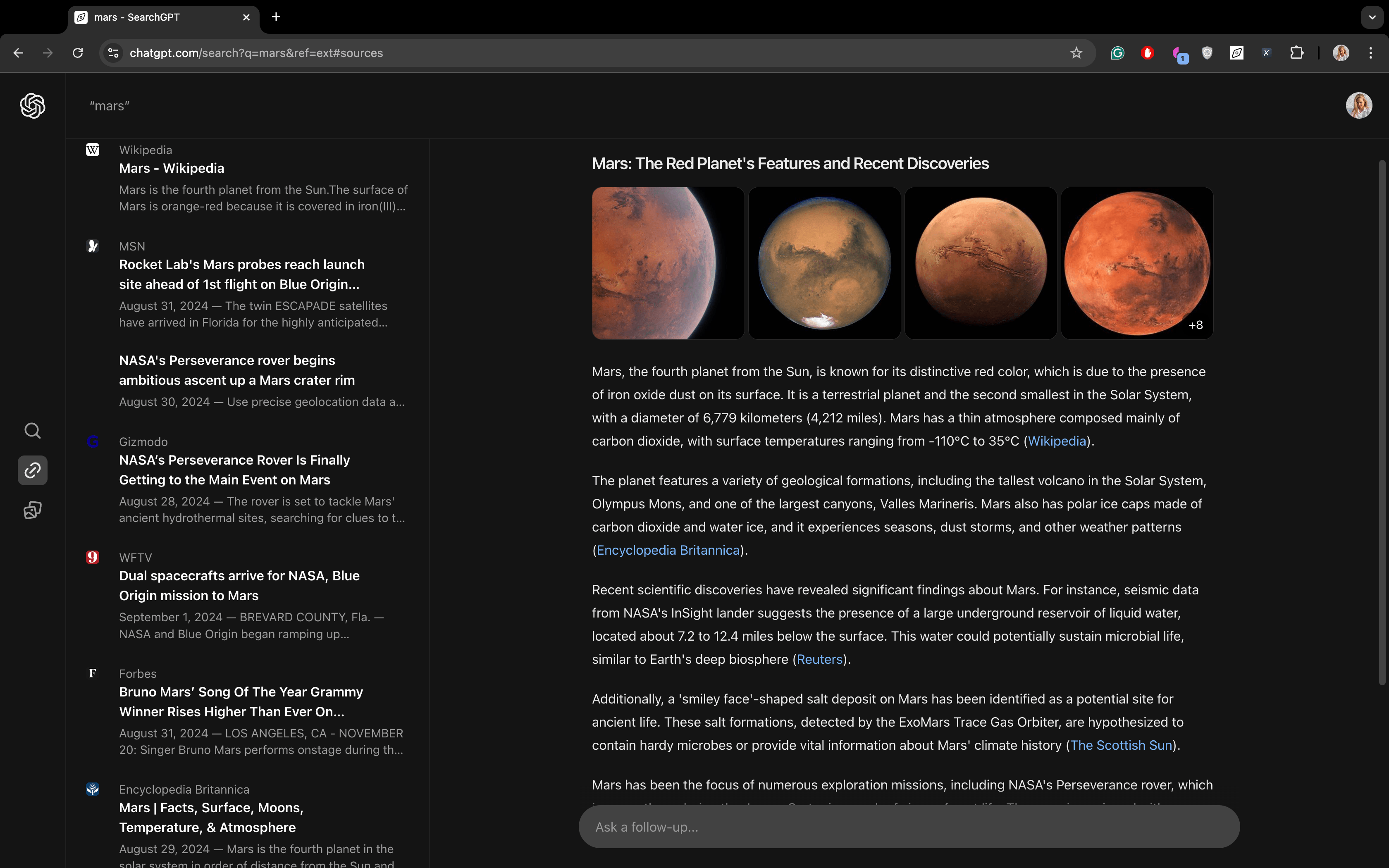 Query "Mars" in SearchGPT's search