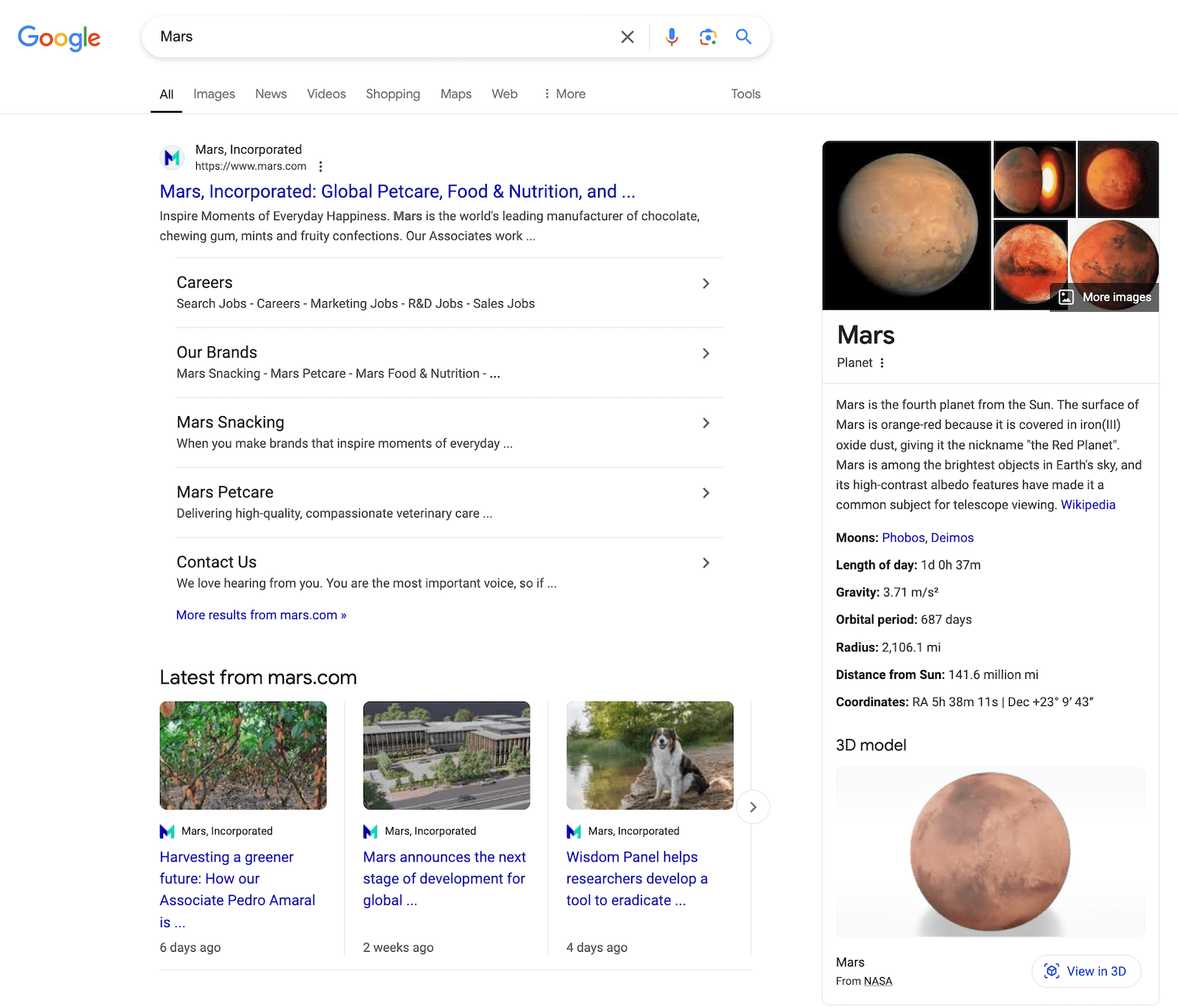 Query "Mars" in Google's SERP