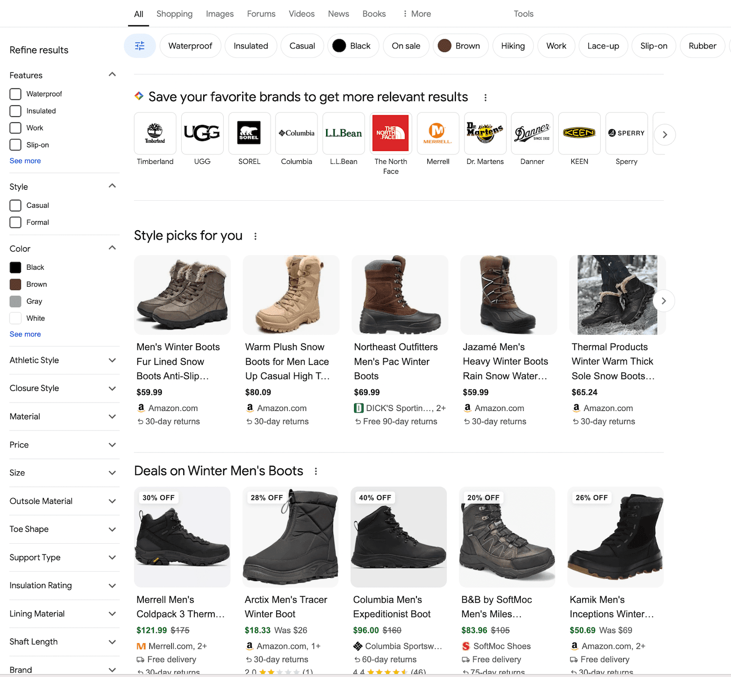 Results for query "winter men boots" in Google