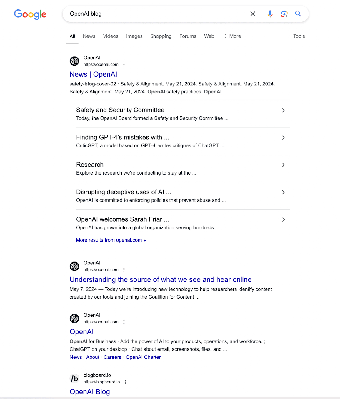 Search results for query “OpenAI blog” in Google