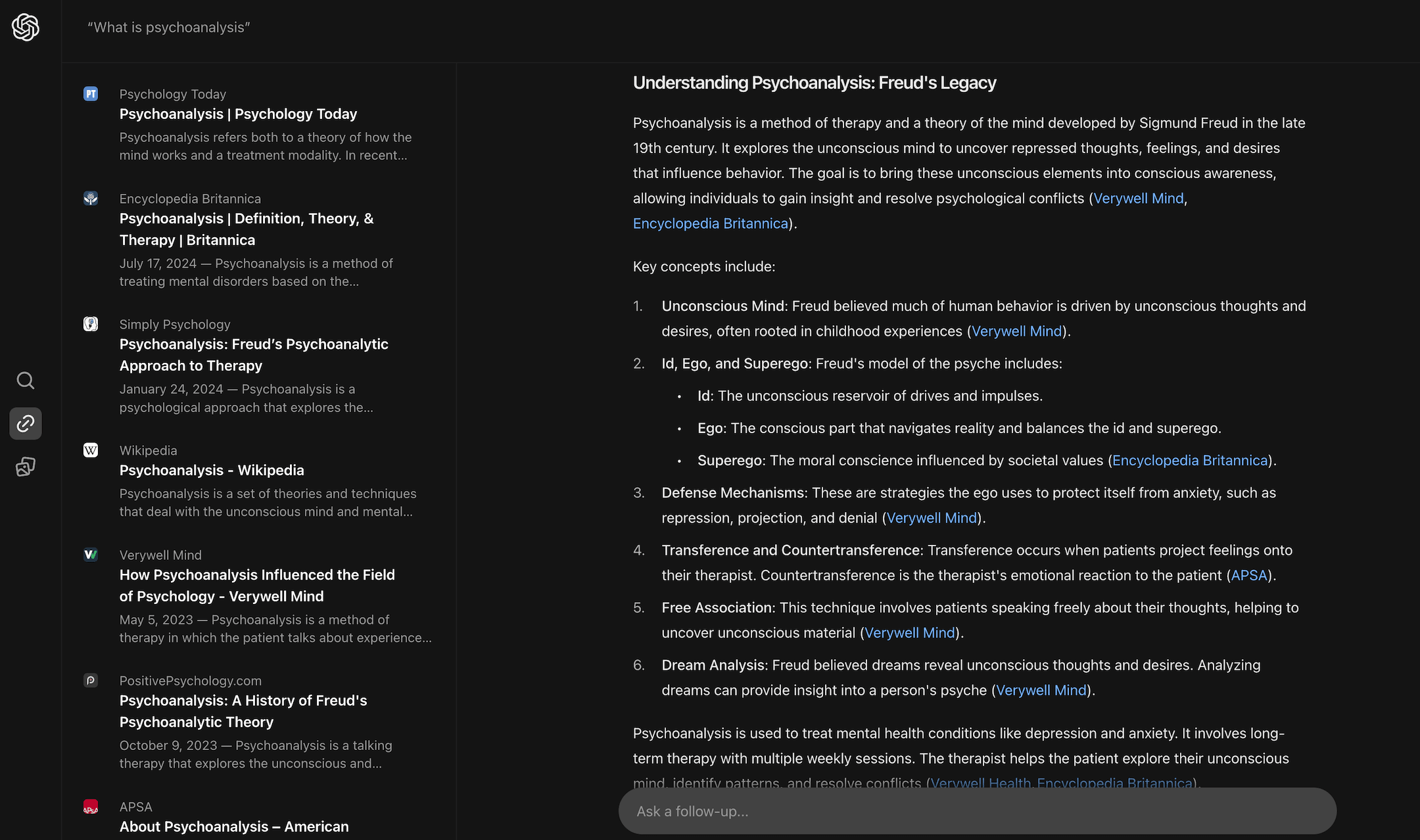 Query “What is psychoanalysis” in SearchGPT