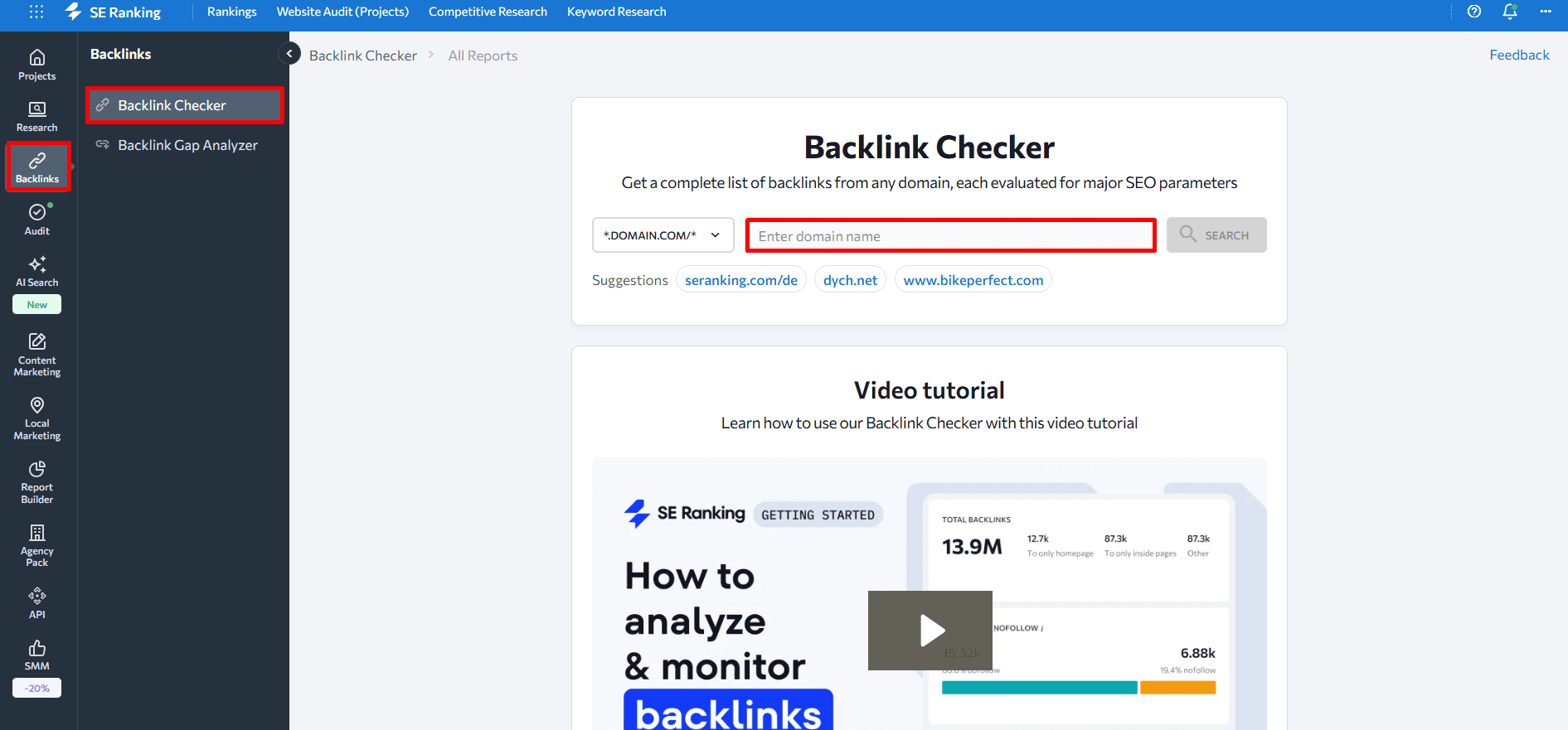 Open the Backlink Checker and enter the competitor's URL SE Rankings's Backlink Checker settings