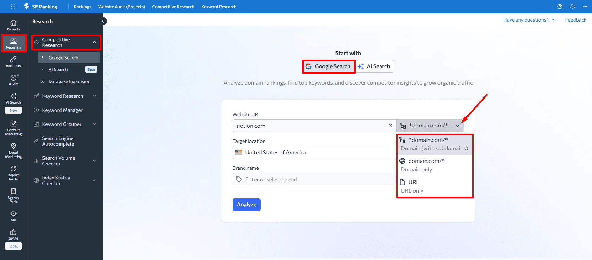 SE Ranking's Competitor Research settings SE Ranking's Competitor Keyword Checker