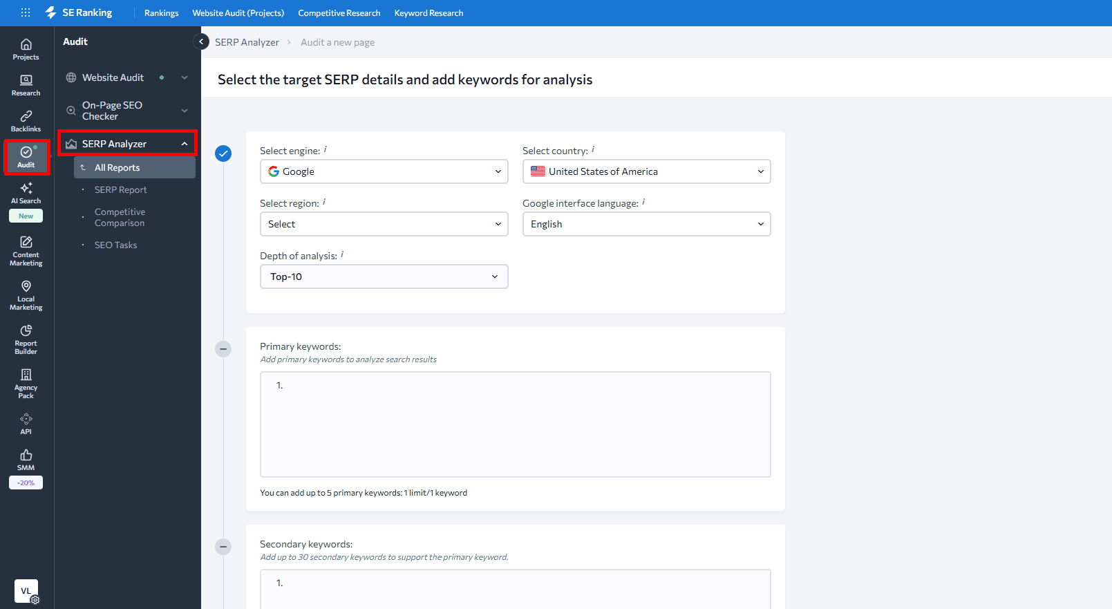 SE Ranking's SERP Analyzer New Audit settings SE Ranking's SERP Analyzer