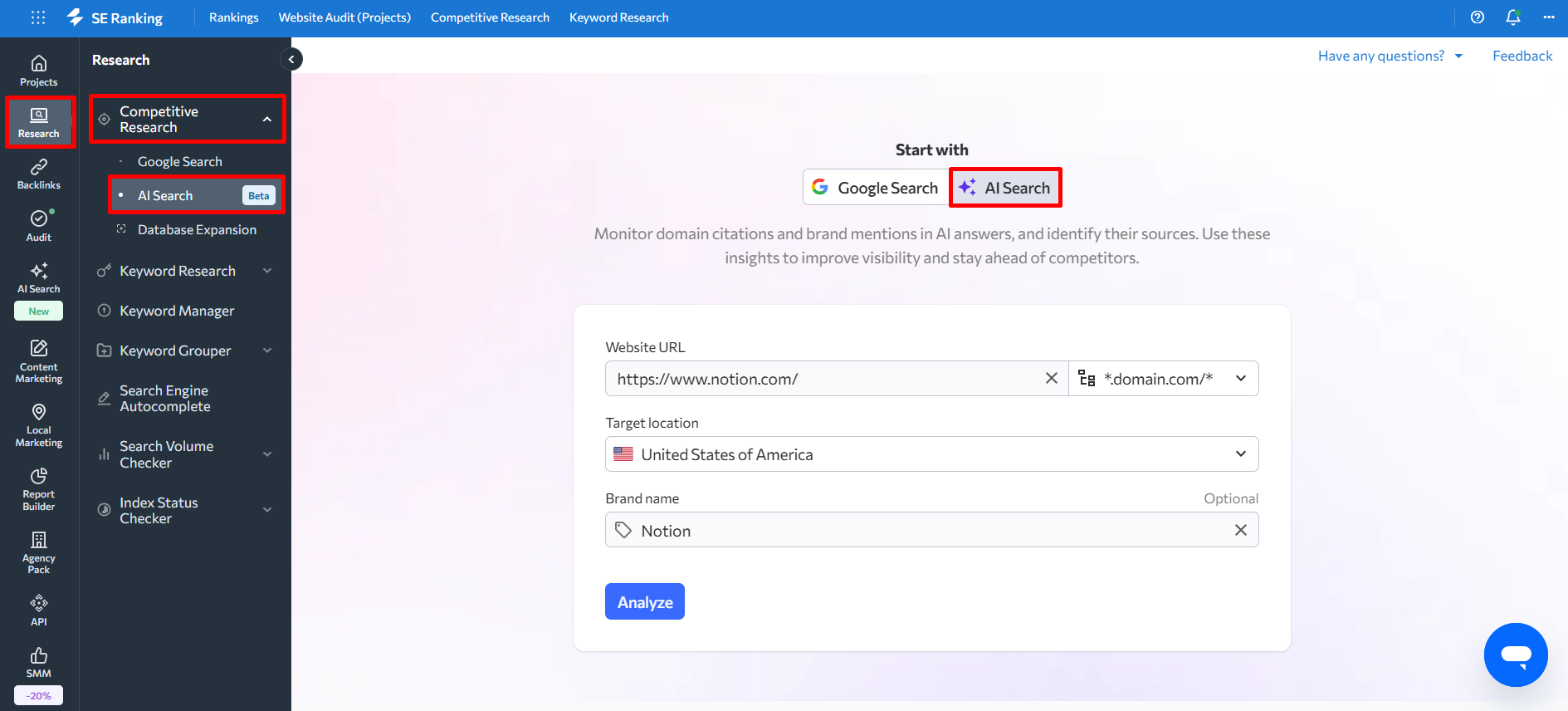 SE Ranking's AI Search in Competitive Research settings SE Ranking's AI Search in Competitive Research