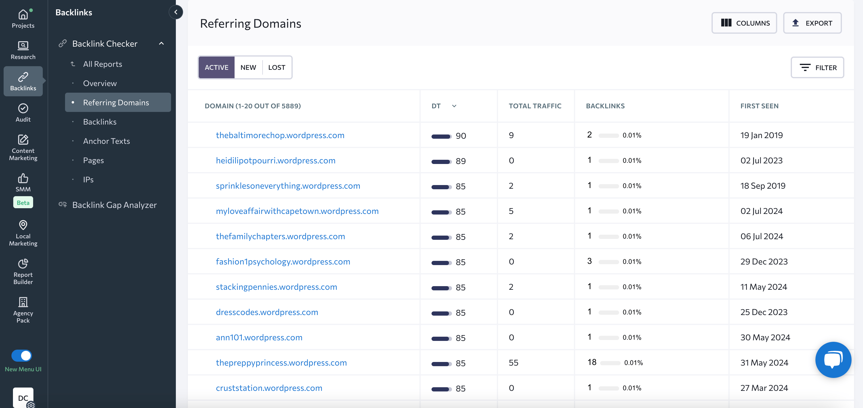 Referring domains list in SE Ranking