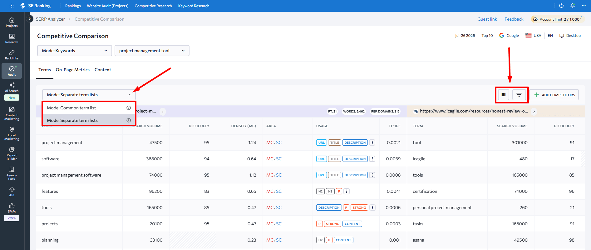SERP Aanalyzer mode list options SE Ranking's SERP Aanalyzer mode list options