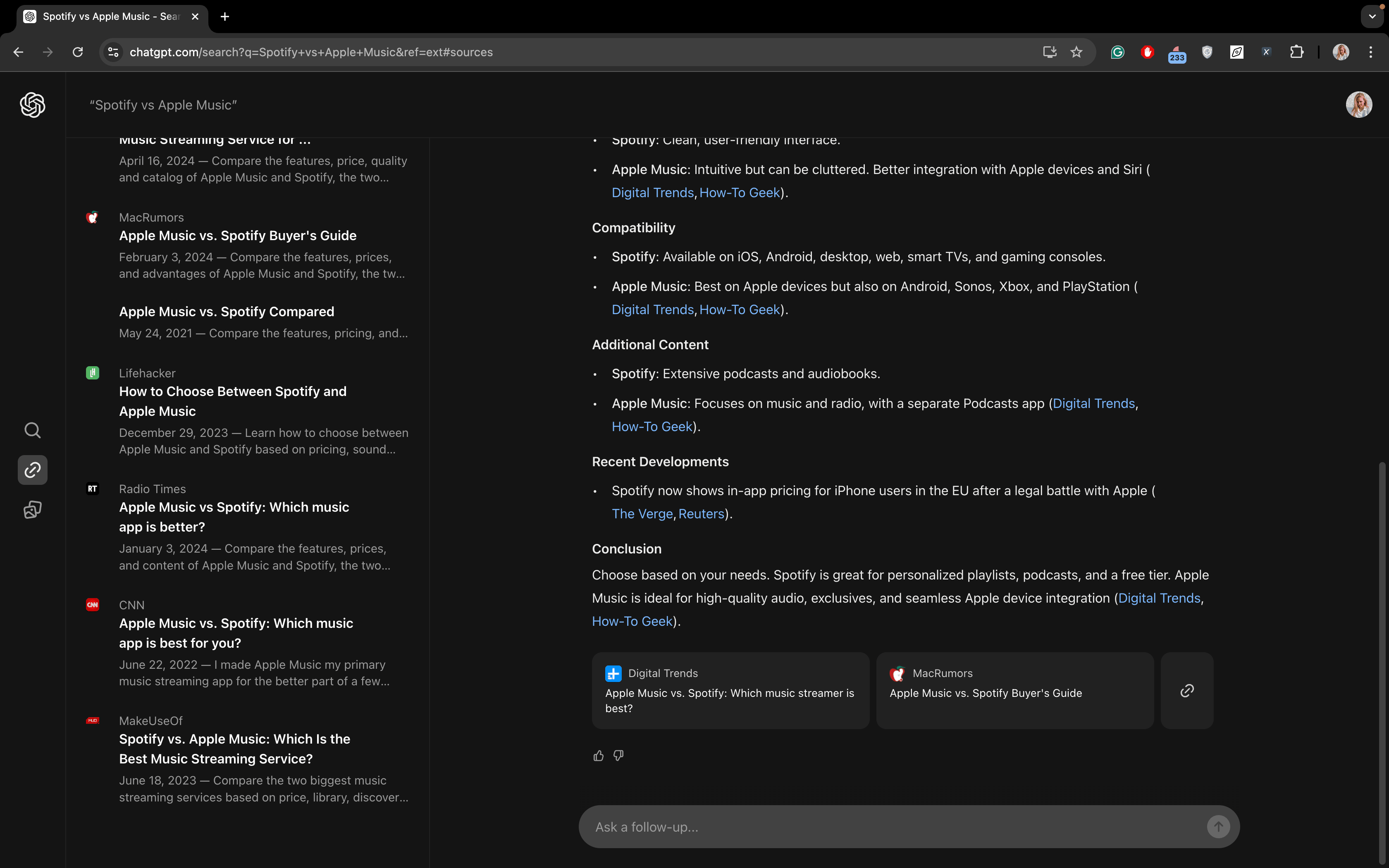 Search results for query "Spotify vs. Apple Music" in SearchGPT