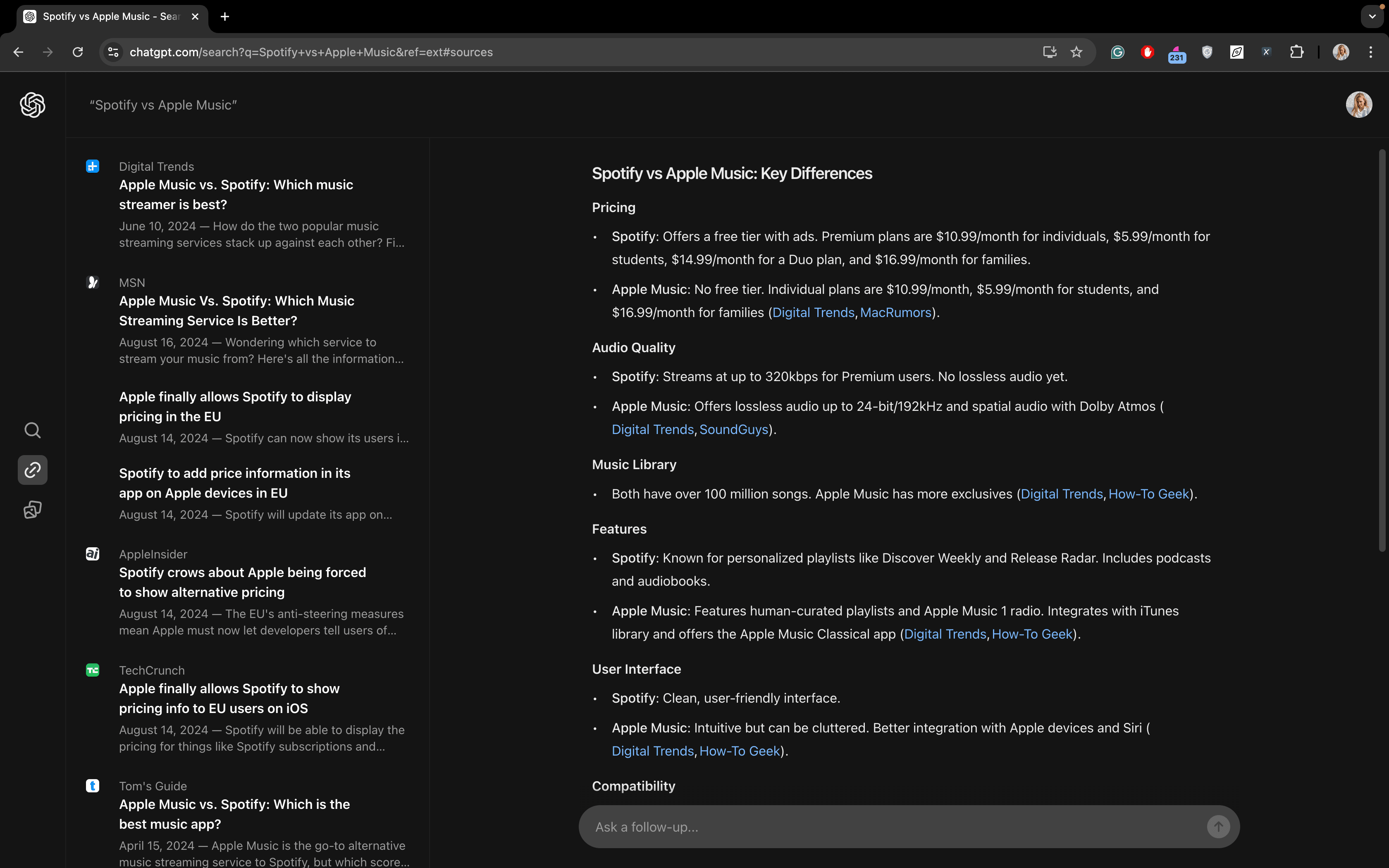Query "Spotify vs. Apple Music" in SearchGPT
