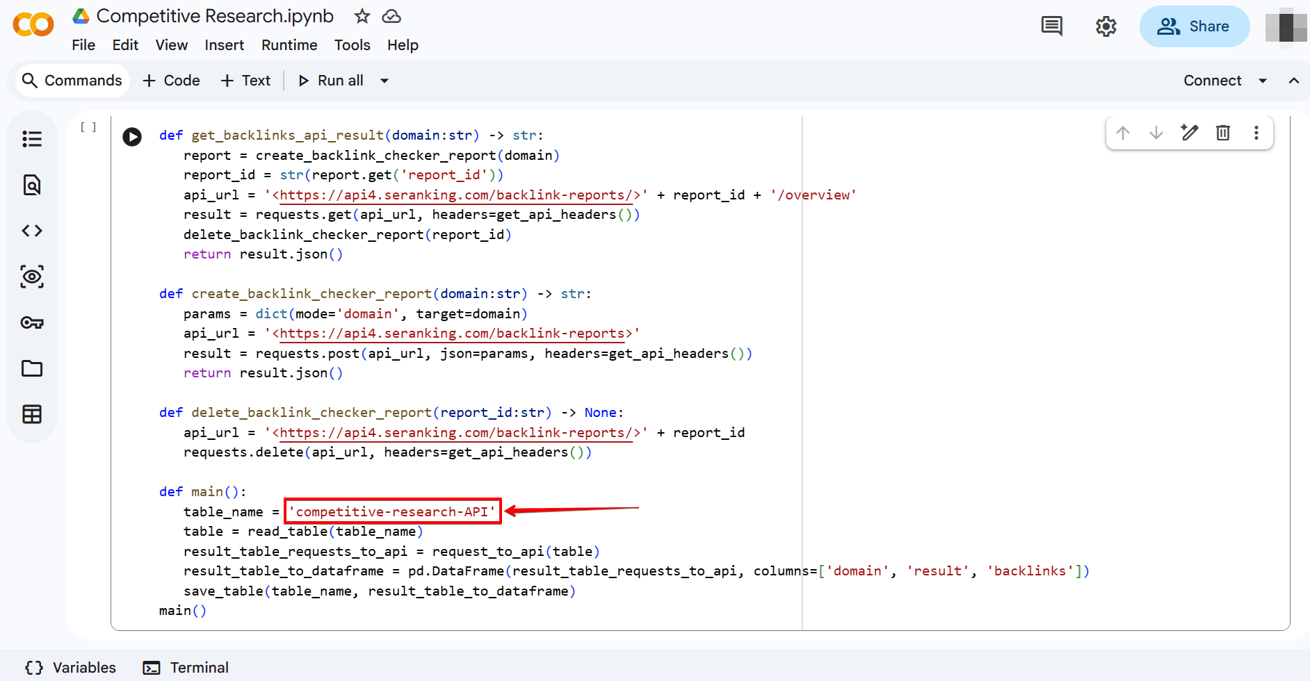 table_name parameter Table name in a code