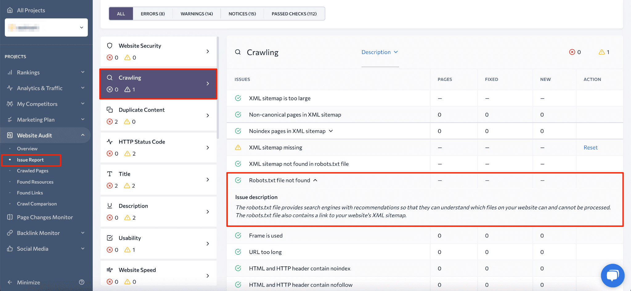SE Ranking's site audit Issue report