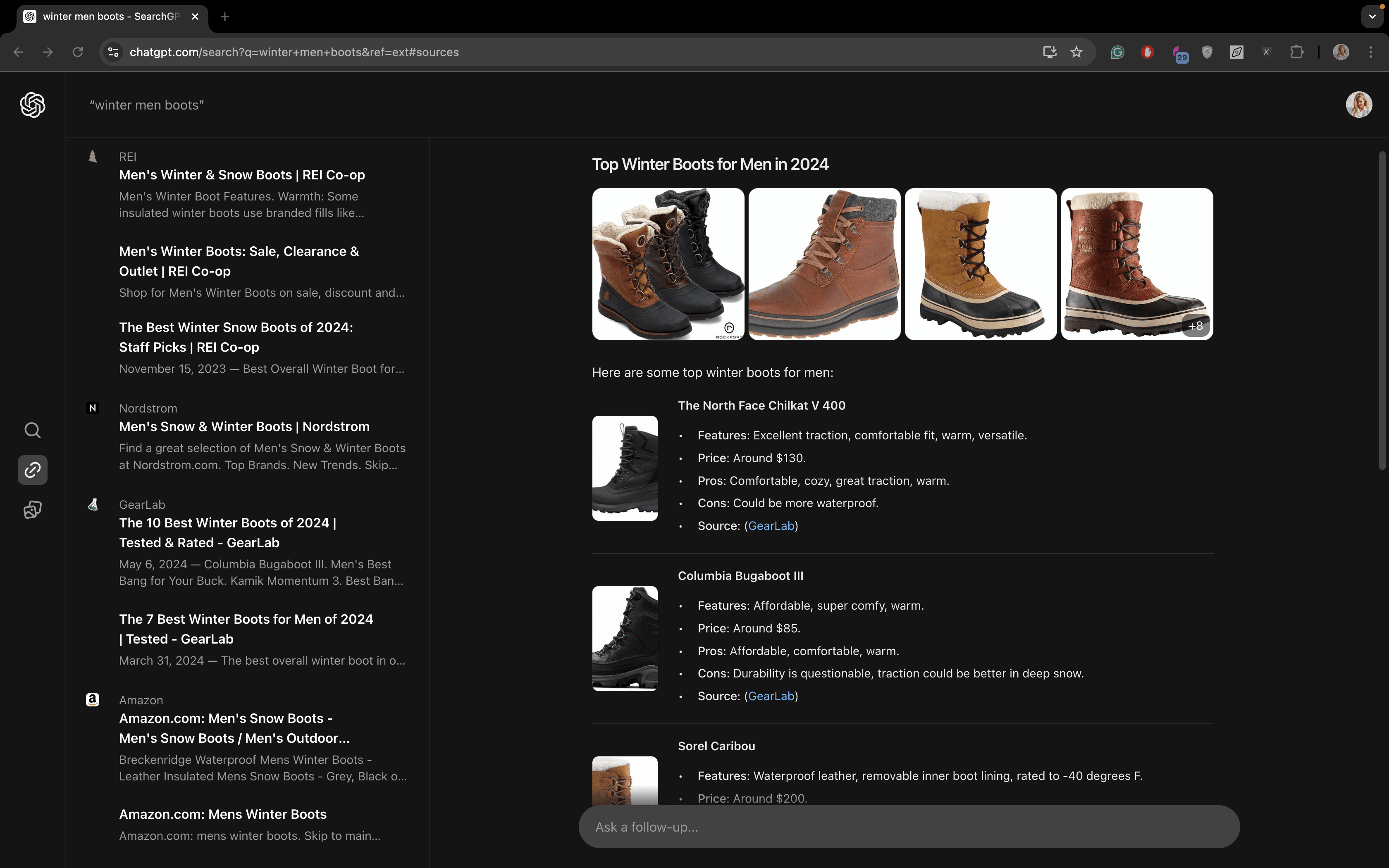 Results for query "winter men boots" in SearchGPT