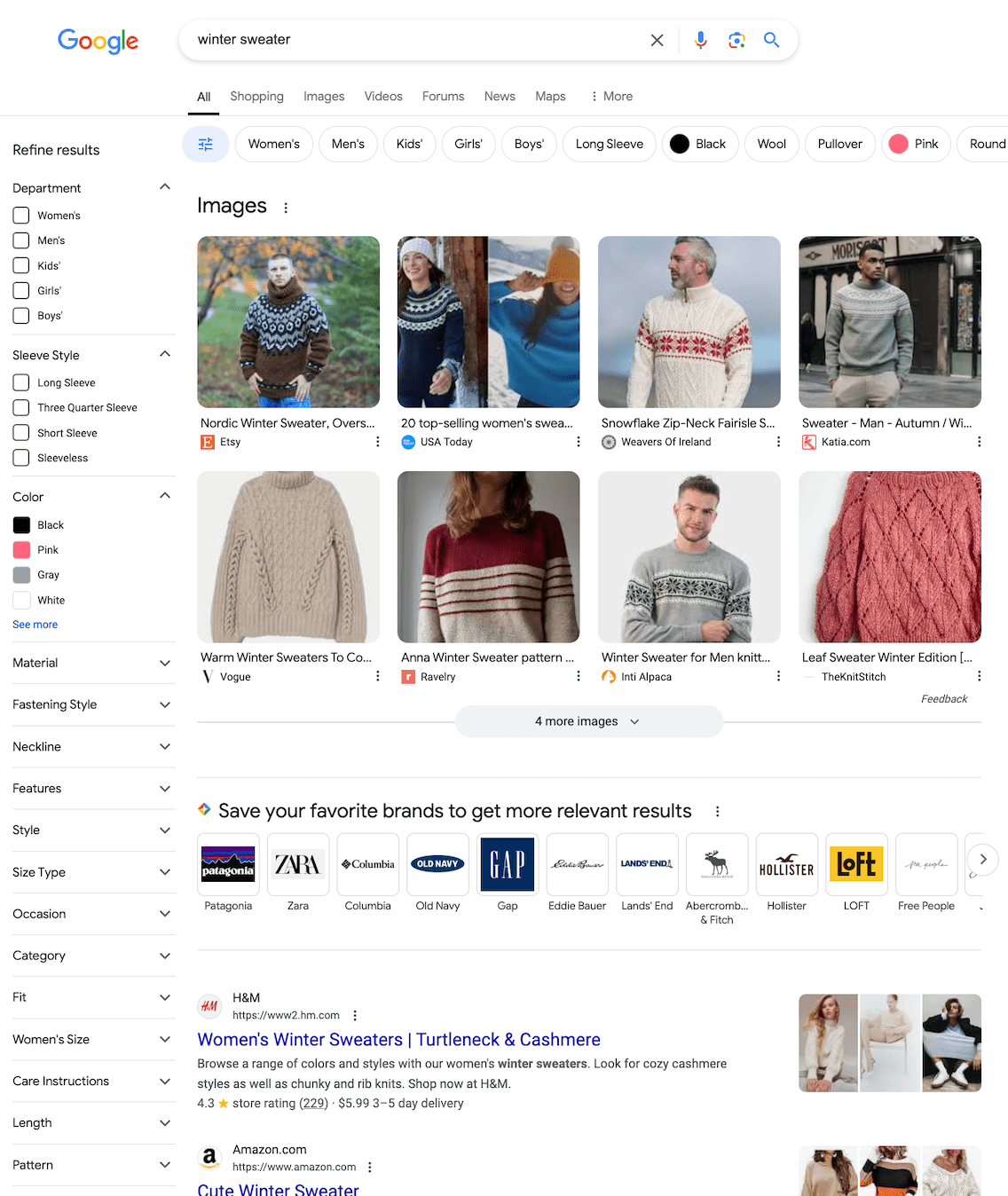 Query "winter sweater" in Google's SERP