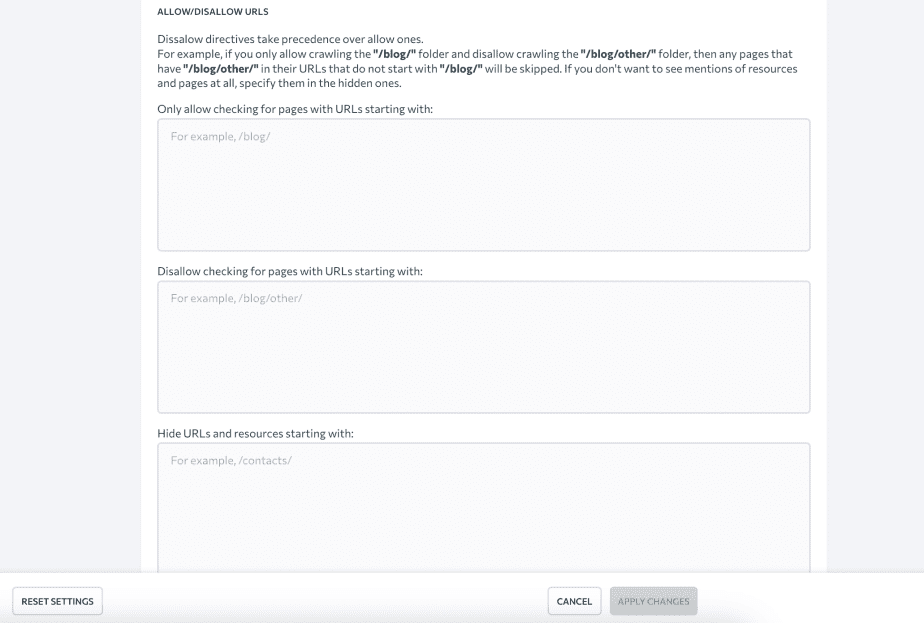 Allow or disallow crawling of certain pages Audit of specific sections in SE Ranking Website Audit