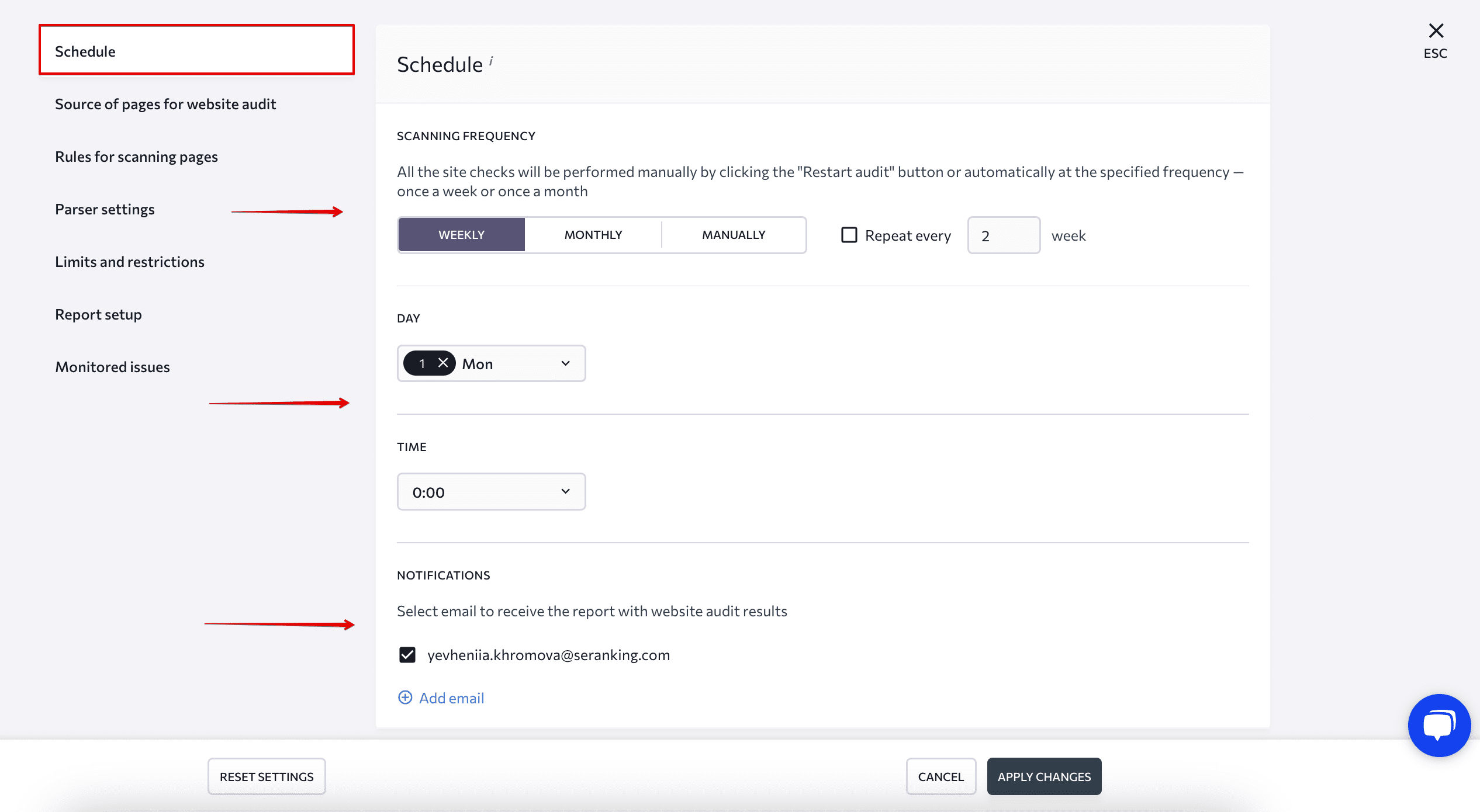 Set up schedule for website audit SE Ranking Site Audit Schedule