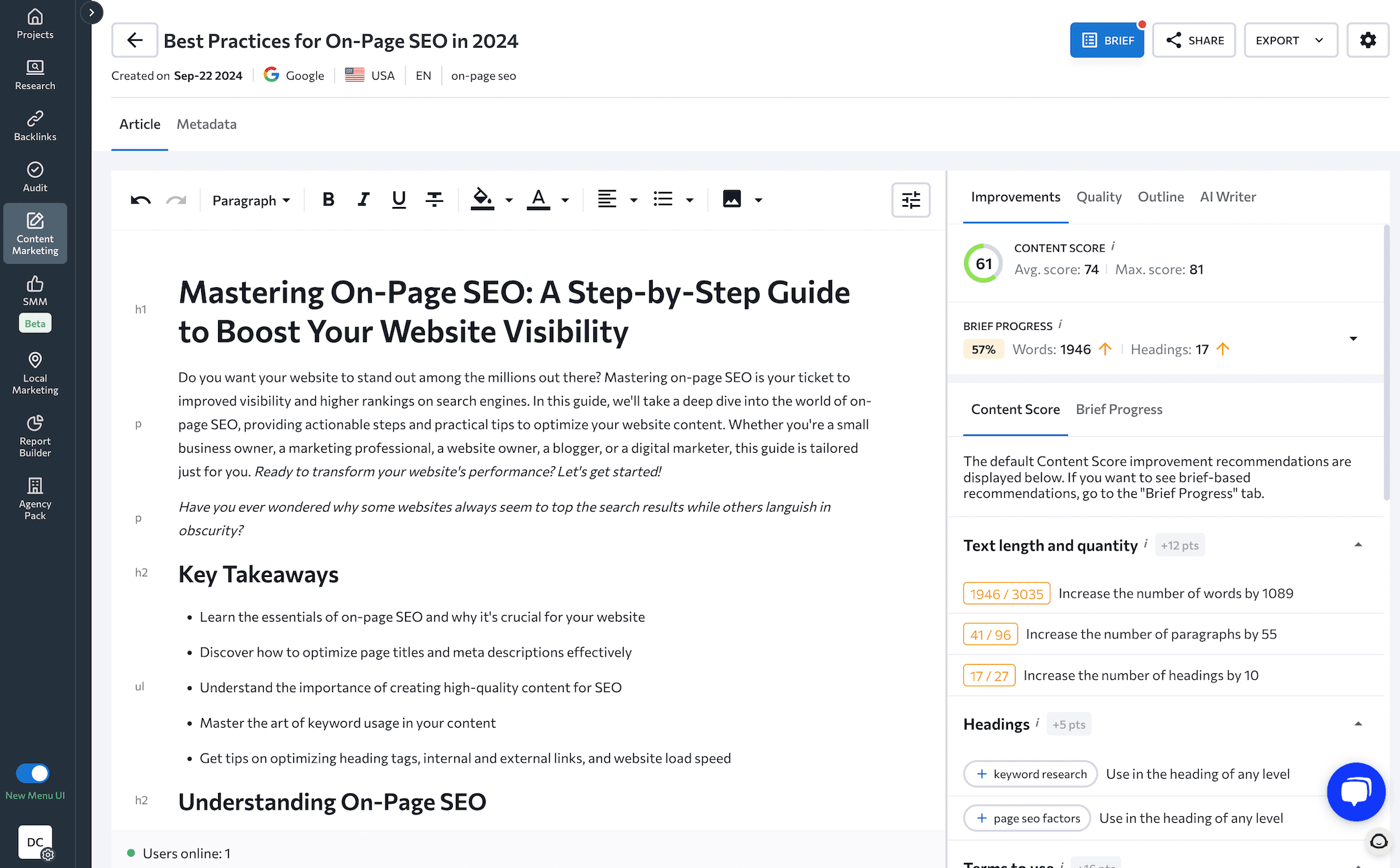 SE Ranking's Content Editor feature