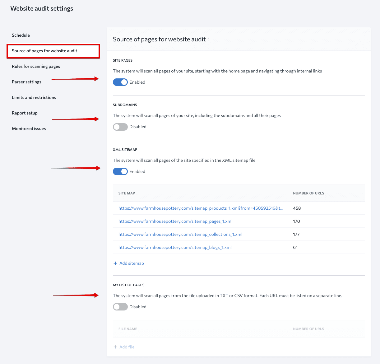 Select pages to scan during audit Choose pages for audit in SE Ranking
