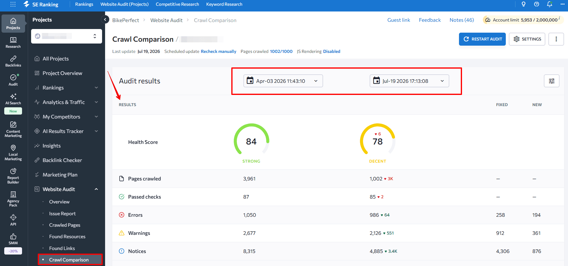 Crawl Comparison option in Website Audit Crawl Comparison tab in Website Audit