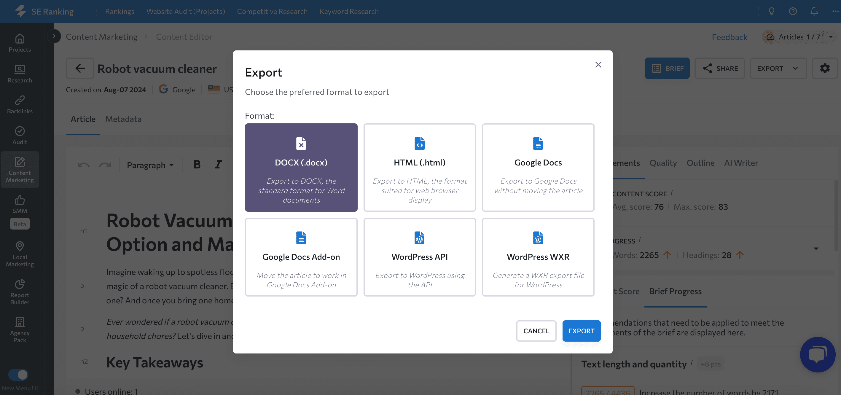 Content export options in SE Ranking's Content Editor