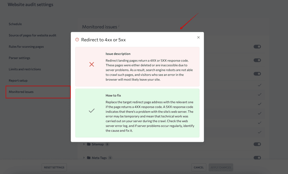 Issue description in the website audit tool settings Example of te issue description in SE Ranking site audit