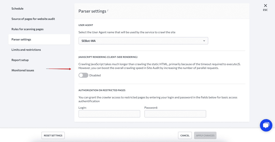 Enable or disable the JavaScript rendering Enabling JavaScript rendering in SE Ranking Site Audit