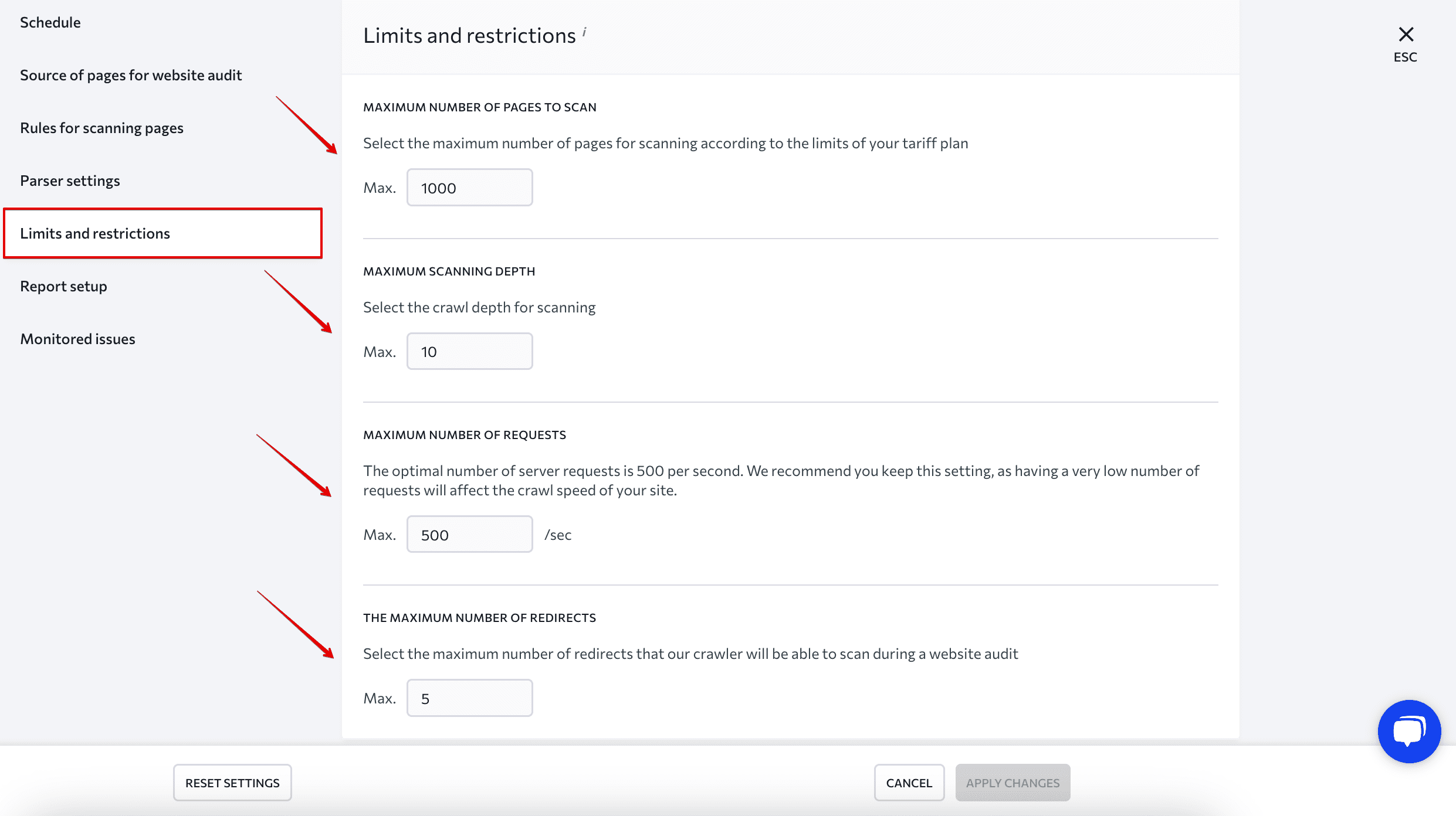 Set up limits and restrictions for SE Ranking bot Limits and restrictions specifications in SE Ranking Website Audit