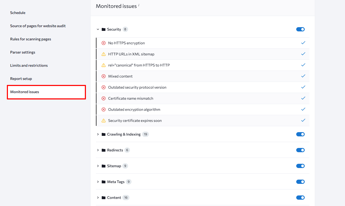 Choose issues to monitor while audit your site Monitored issues setup for SE Ranking bot