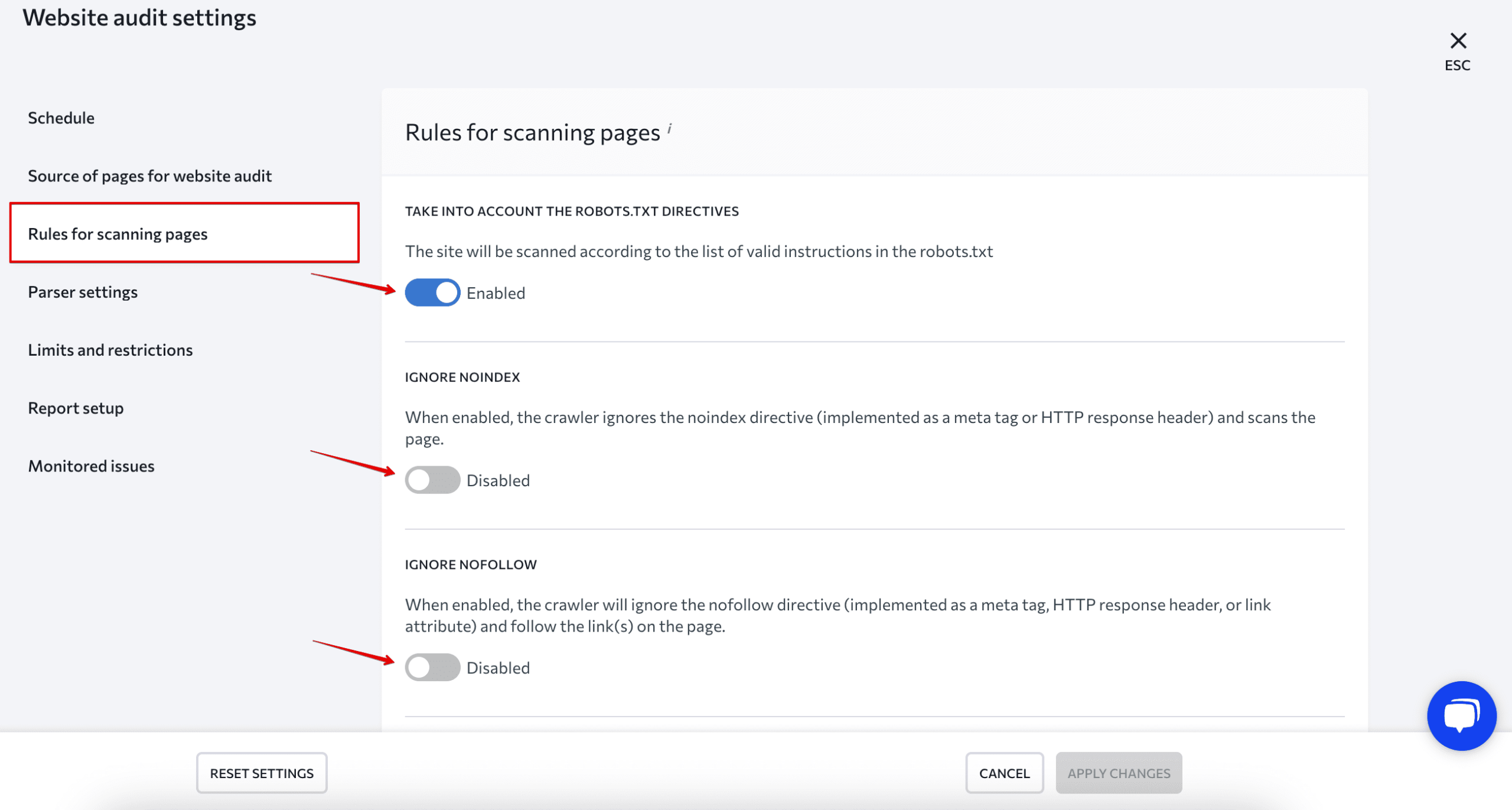 Set up Website Audit scanning rules Select scanning rules for SE Ranking audit bot