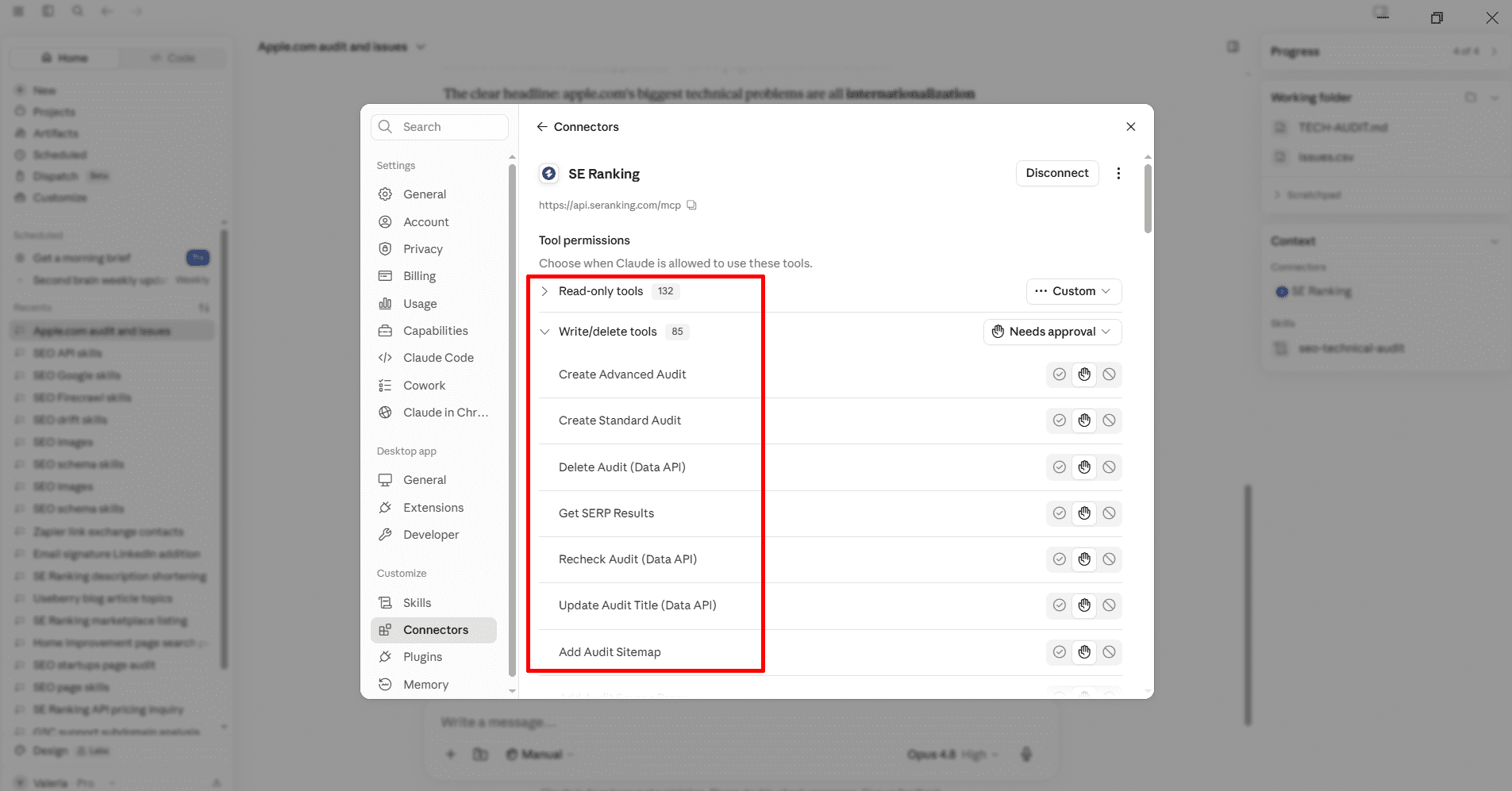 SE Ranking MCP permissions inside Claude SE Ranking MCP permissions