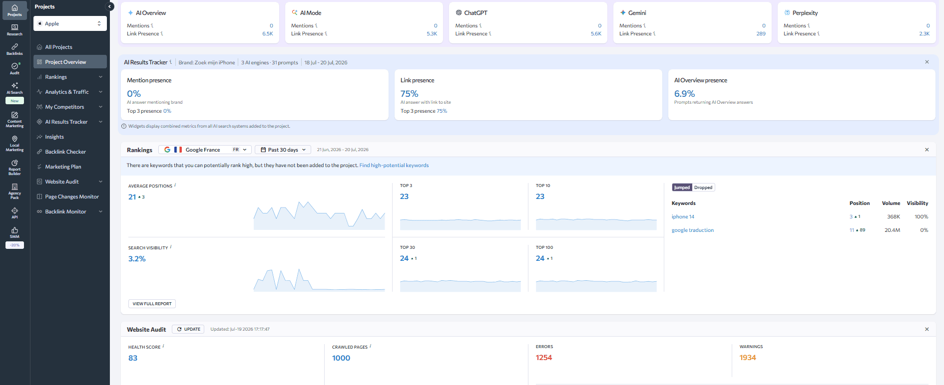 SE Ranking's Project Overview dashboard SE Ranking's Project Overview dashboard with different tabs