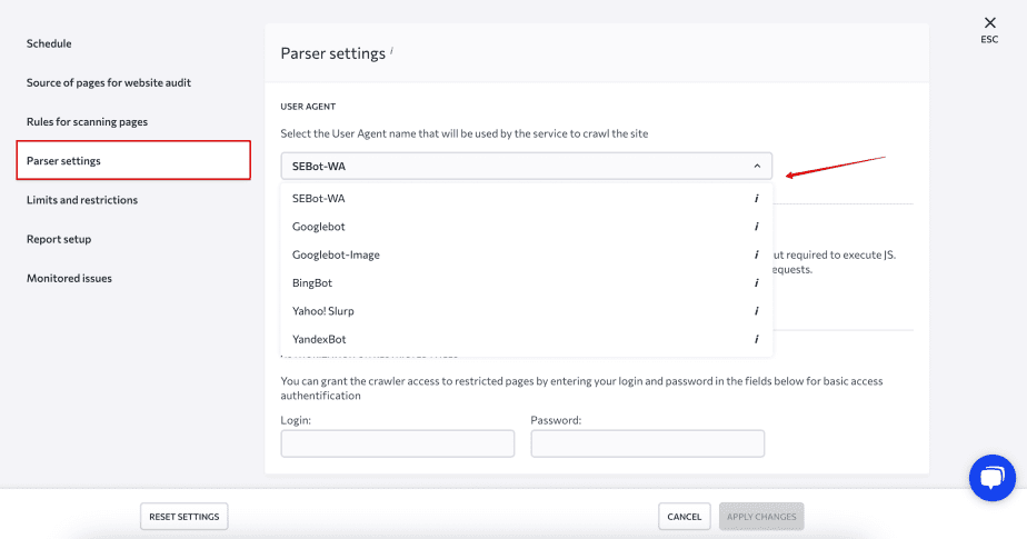 Set up Website Audit parser settings Select the User Agent for site crawl