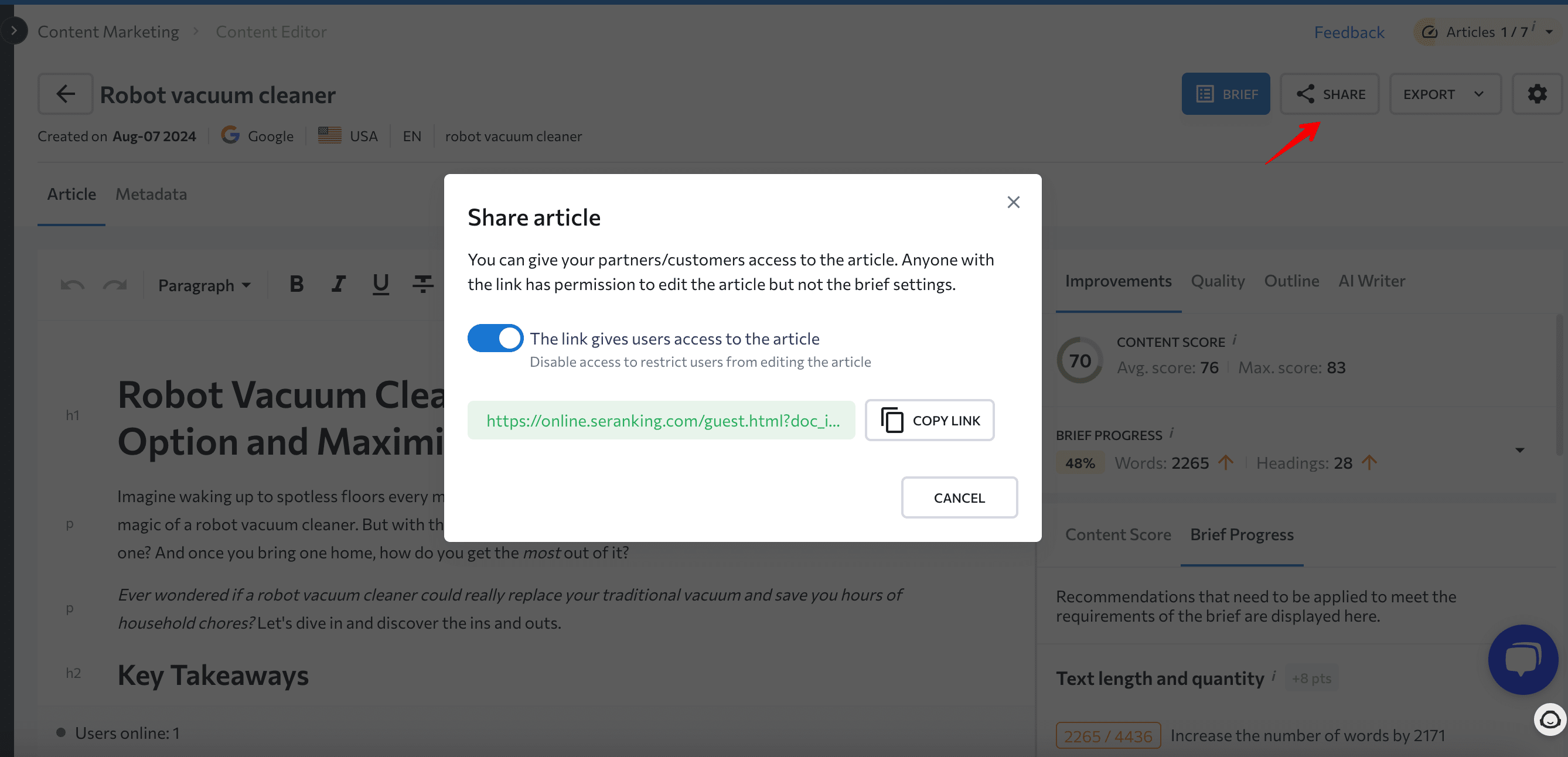 How to share editing access to articles in SE Ranking