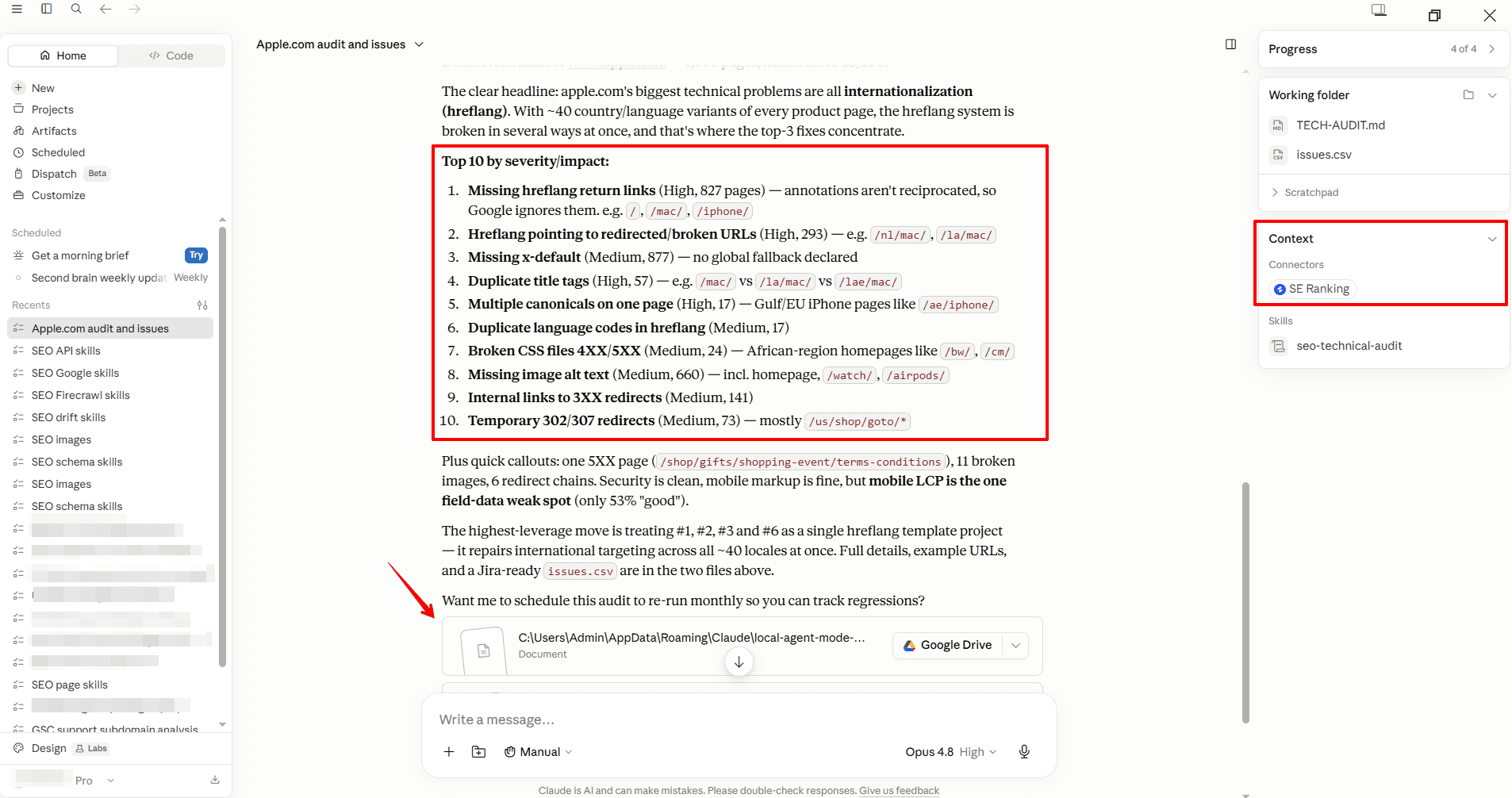 SE Ranking tech audit results inside Claude SE Ranking tech audit inside Claude