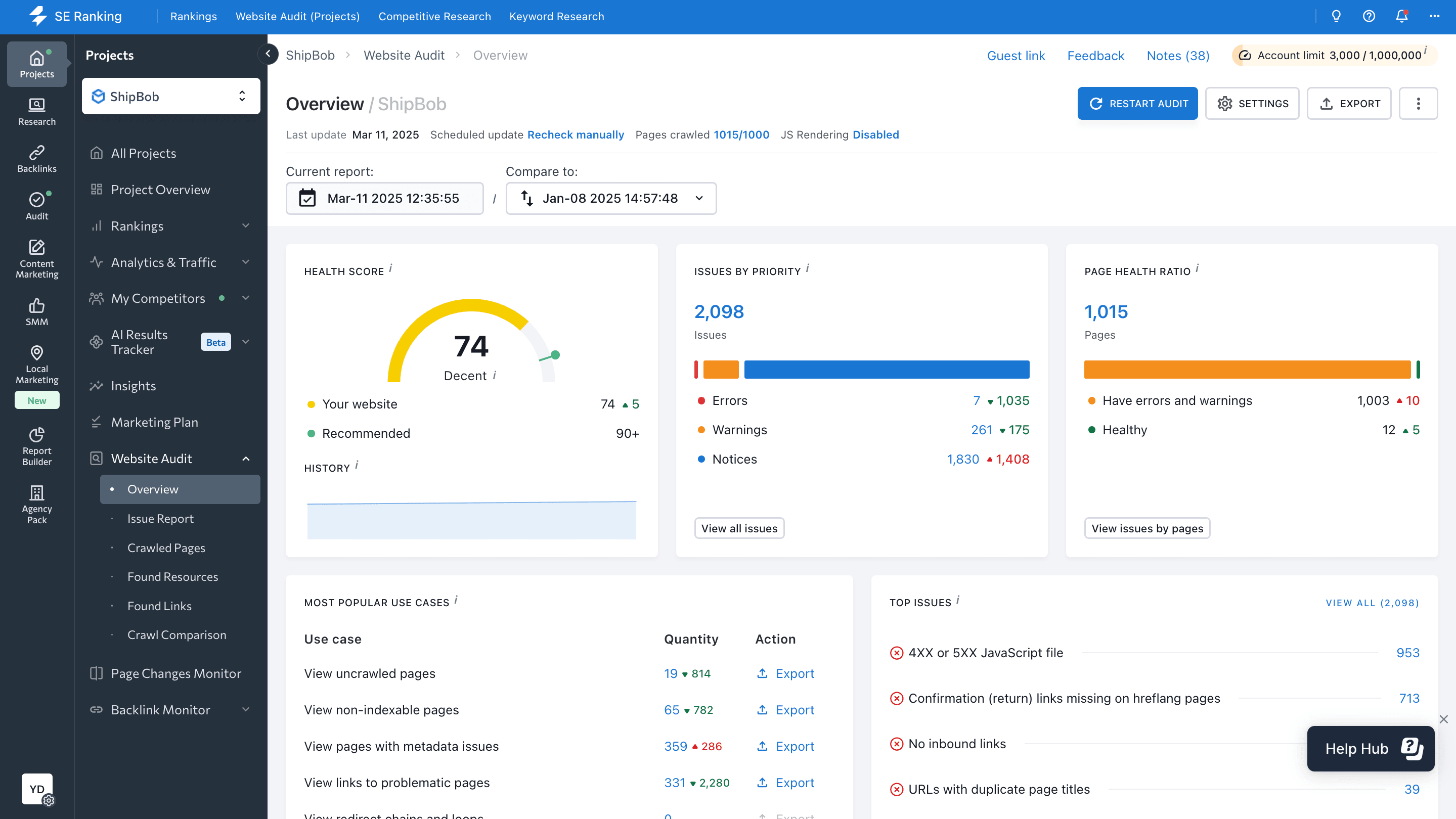 Overview section in Website Audit tool