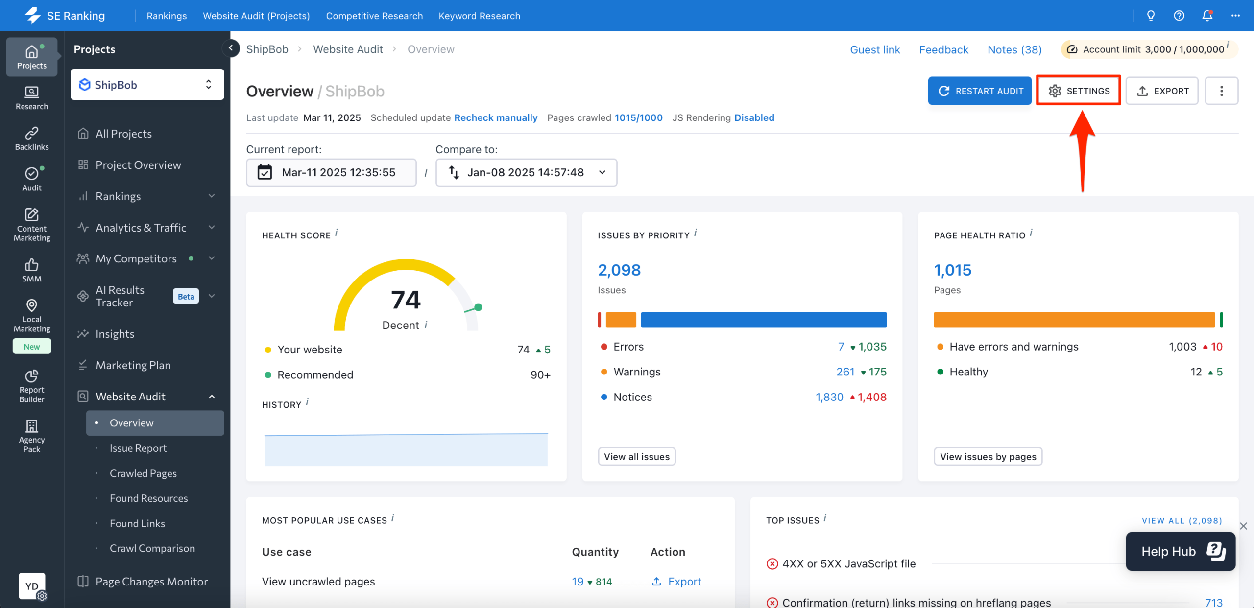 Access settings in SE Ranking's Website Audit SE Ranking website audit settings