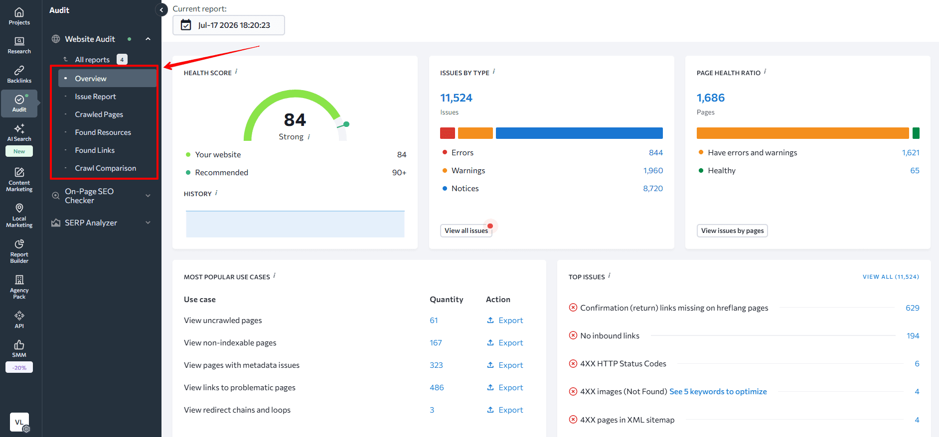SE Ranking Website Audit Module SE Ranking Website Audit module with six tabs