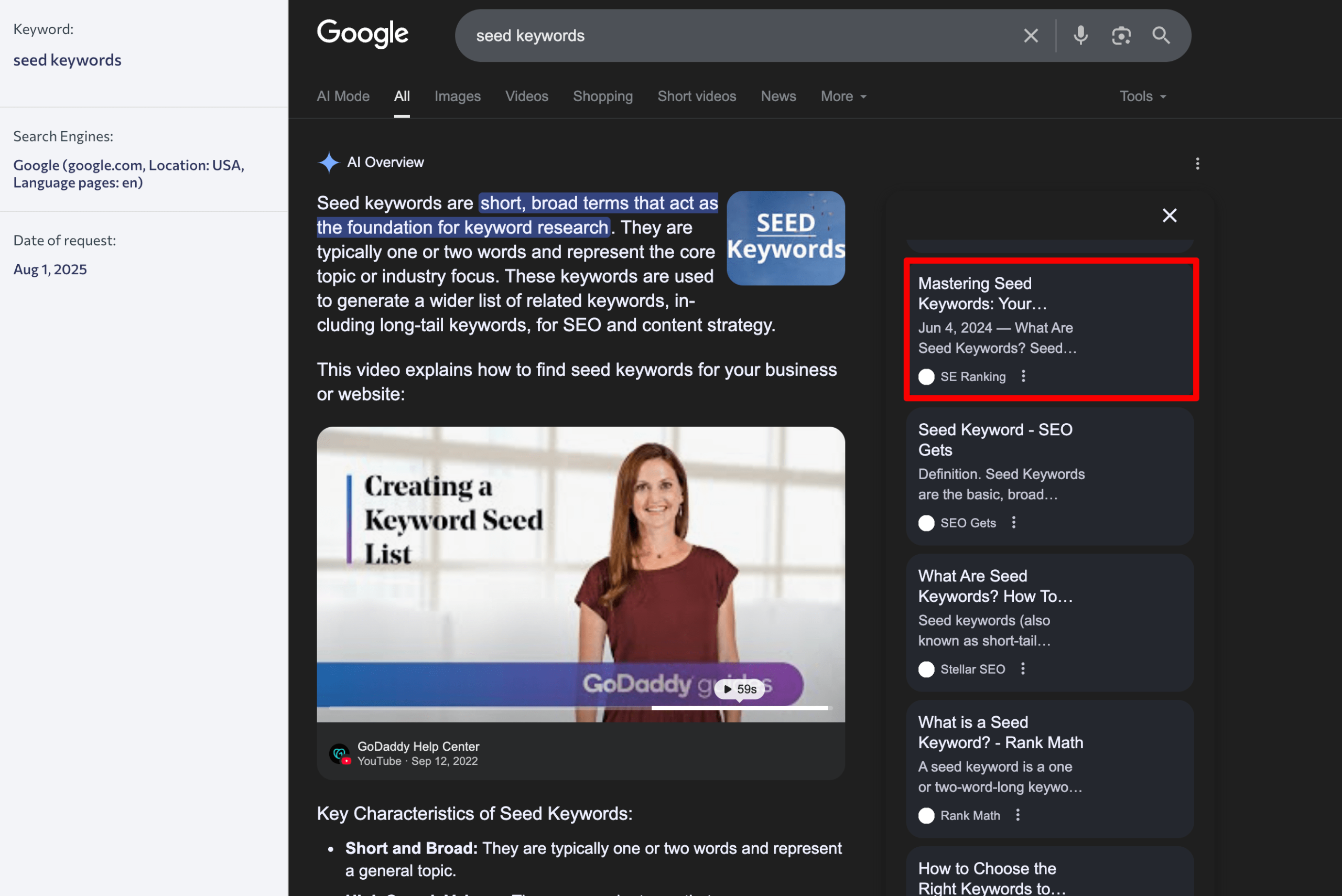 Seed Keywords blog post in AI Overviews