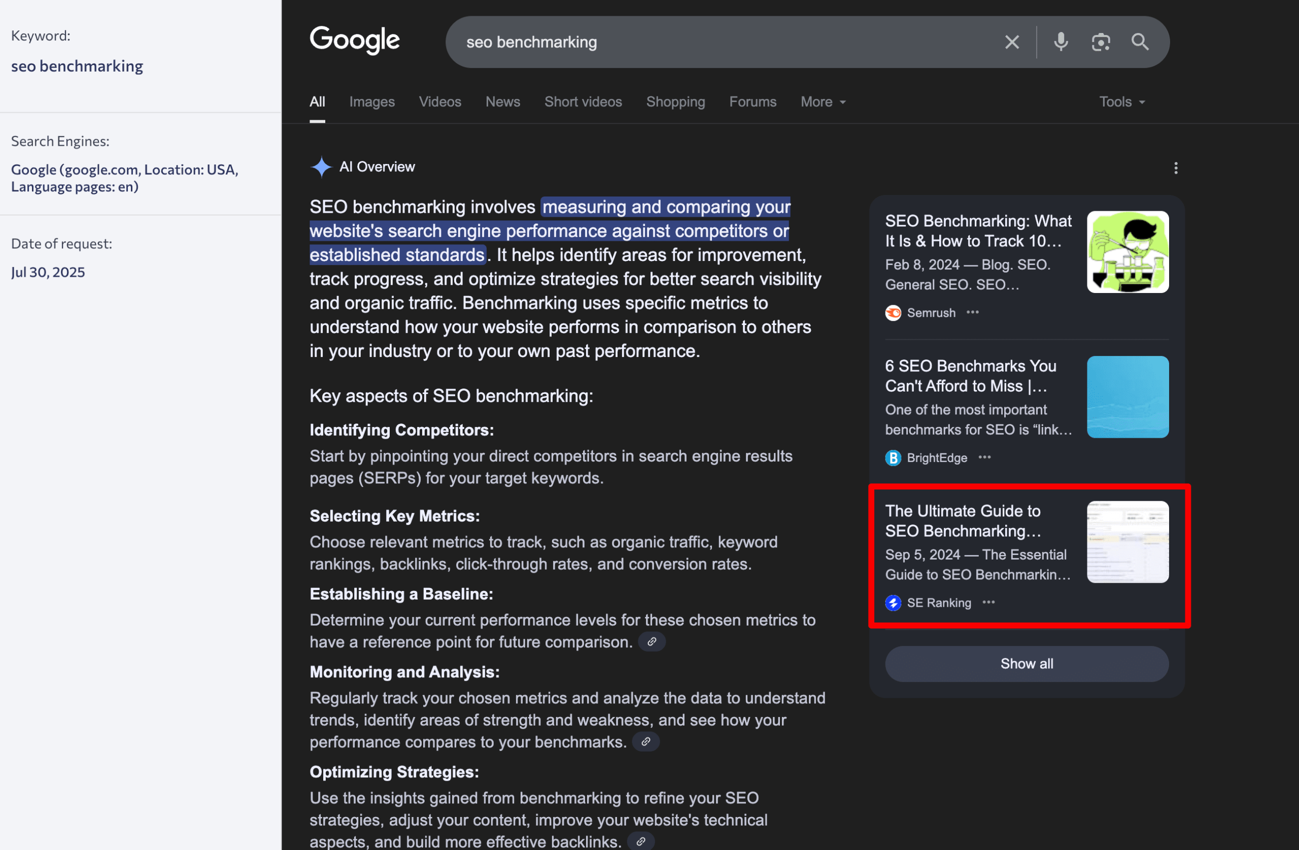 SEO Benchmarking article in AIOs