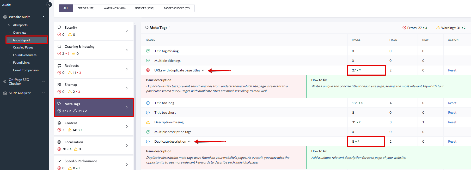 Duplicate meta tags in the Website Audit issue report