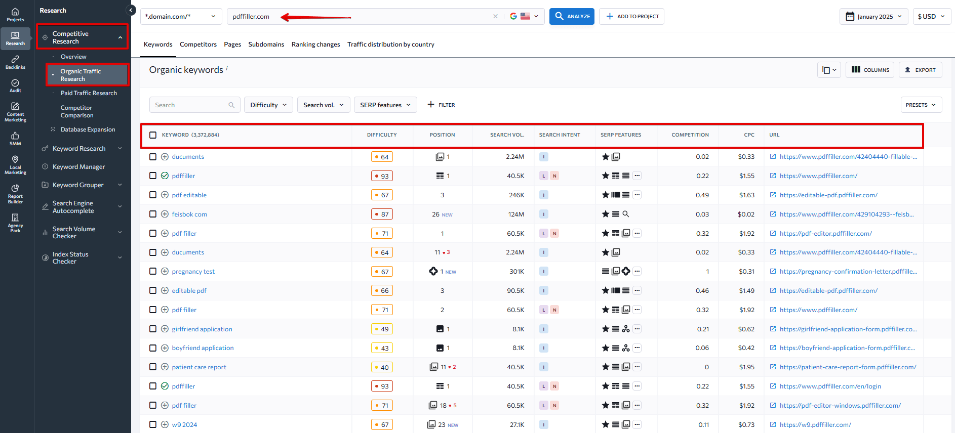 Organic Traffic research section of the Competitive Research tool 