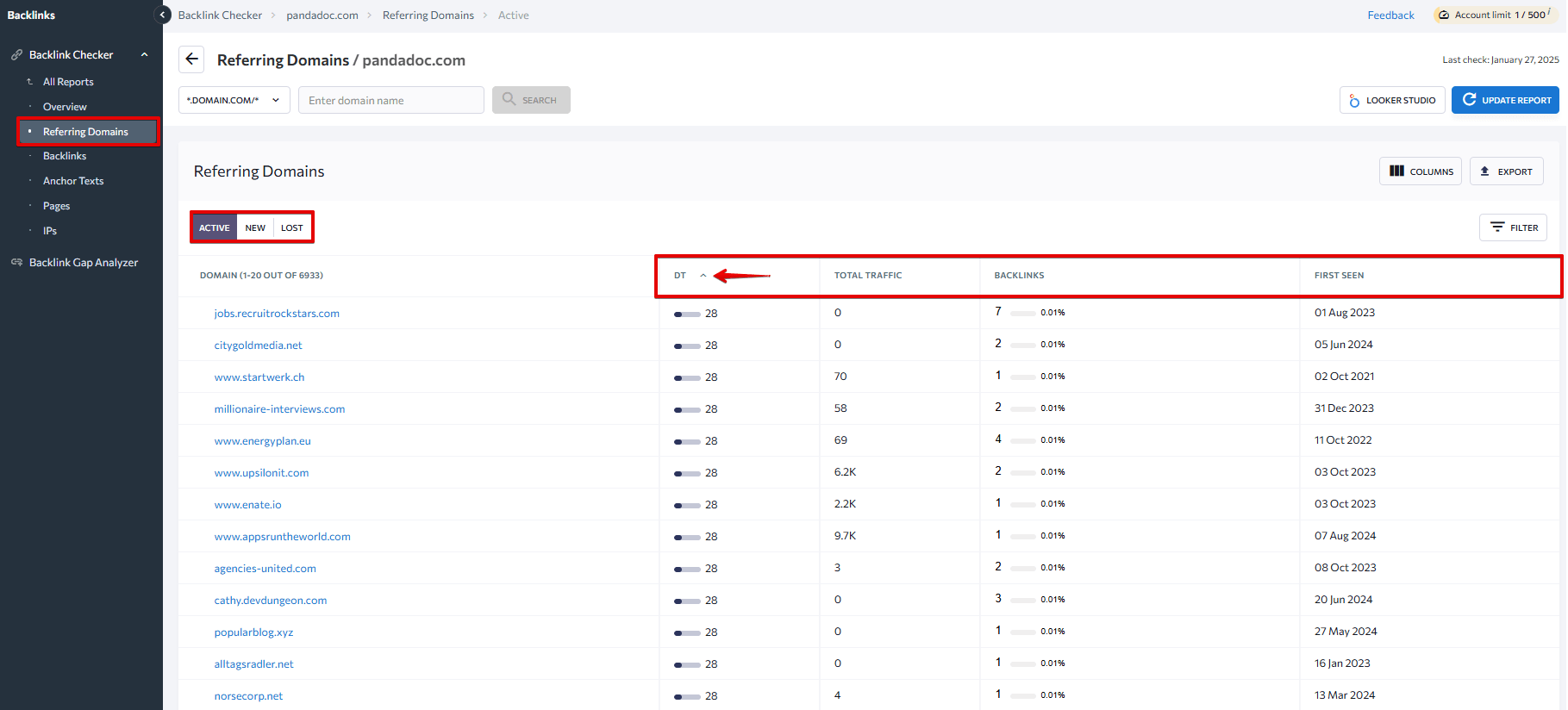 Referring Domains report in the Backlink Checker tool