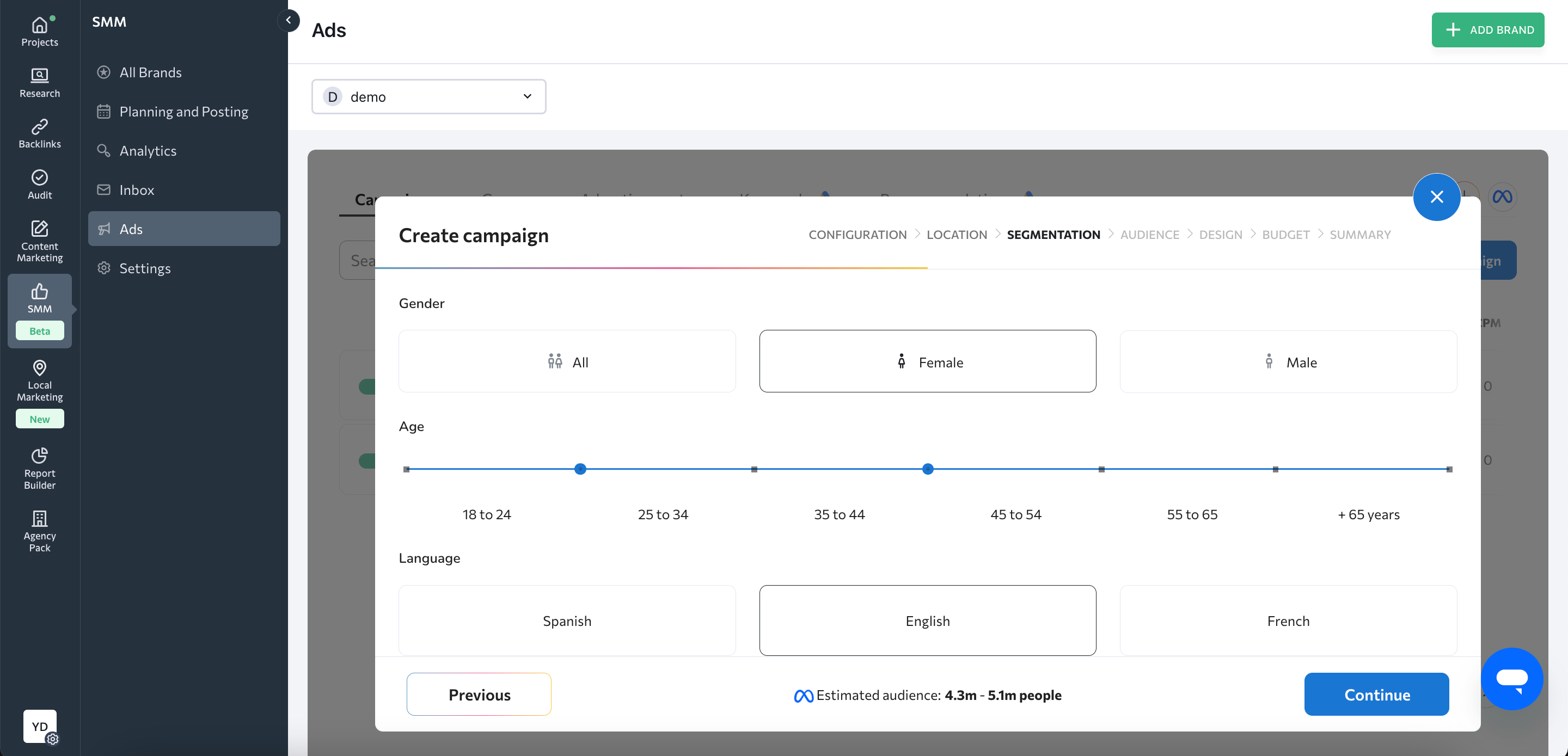 Creating ad campaigns in SE Ranking's SMM Tool