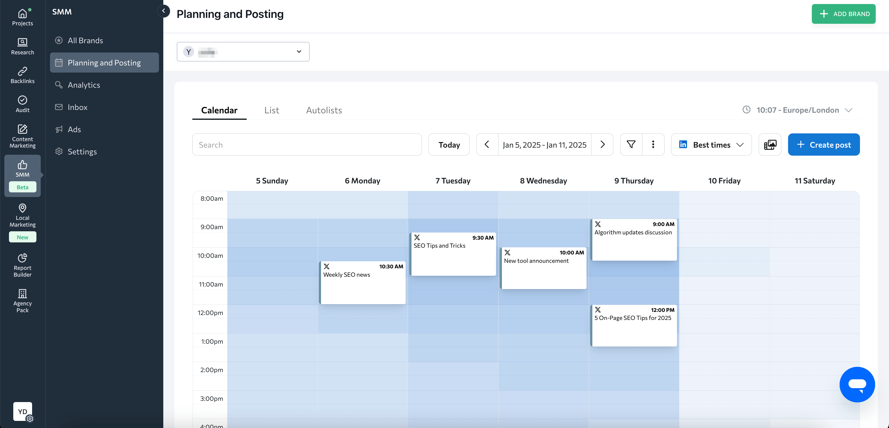 Planning and posting features in SE Ranking's SMM Tool