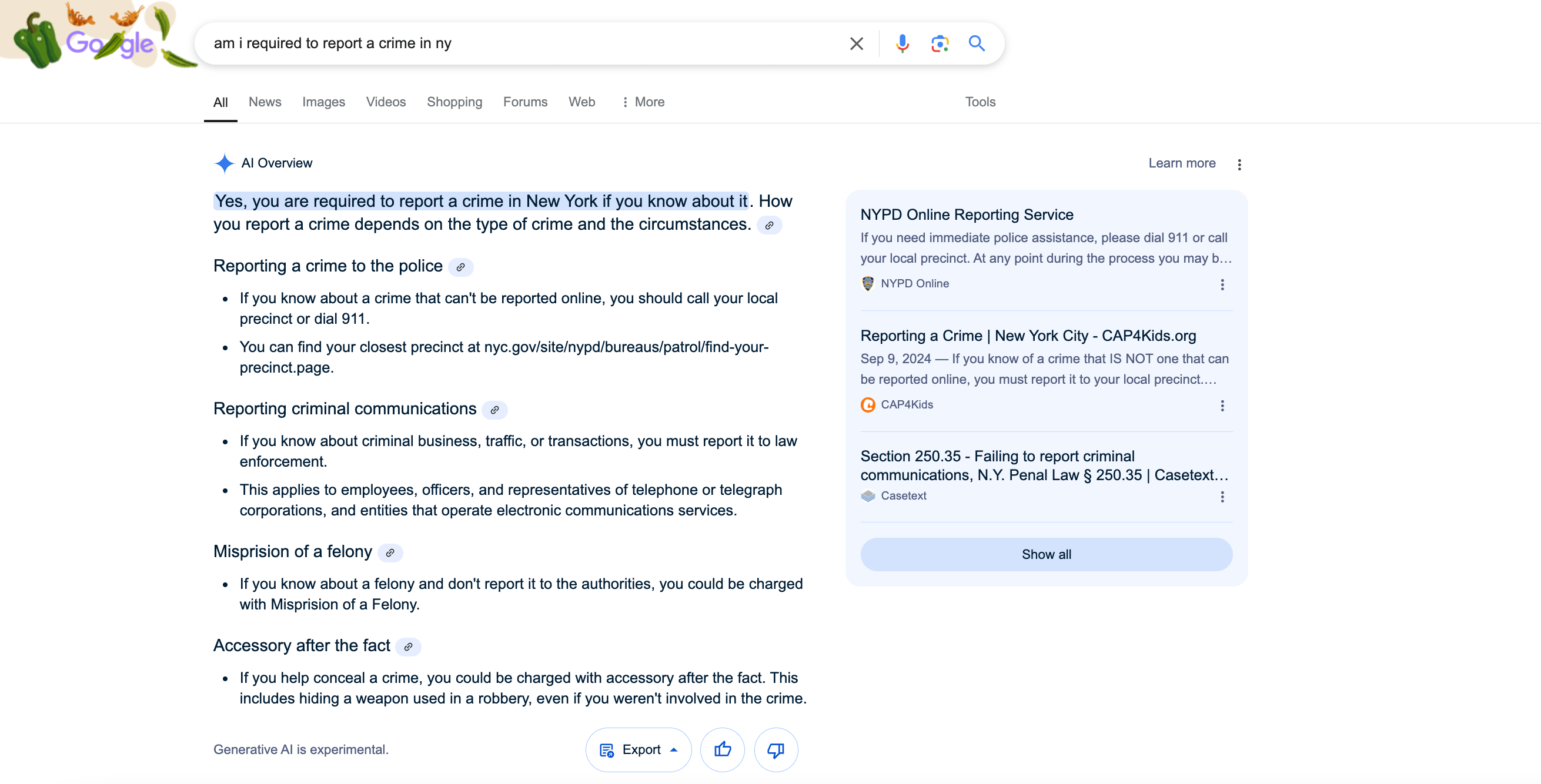 Google AIO for reporting crimes in NY